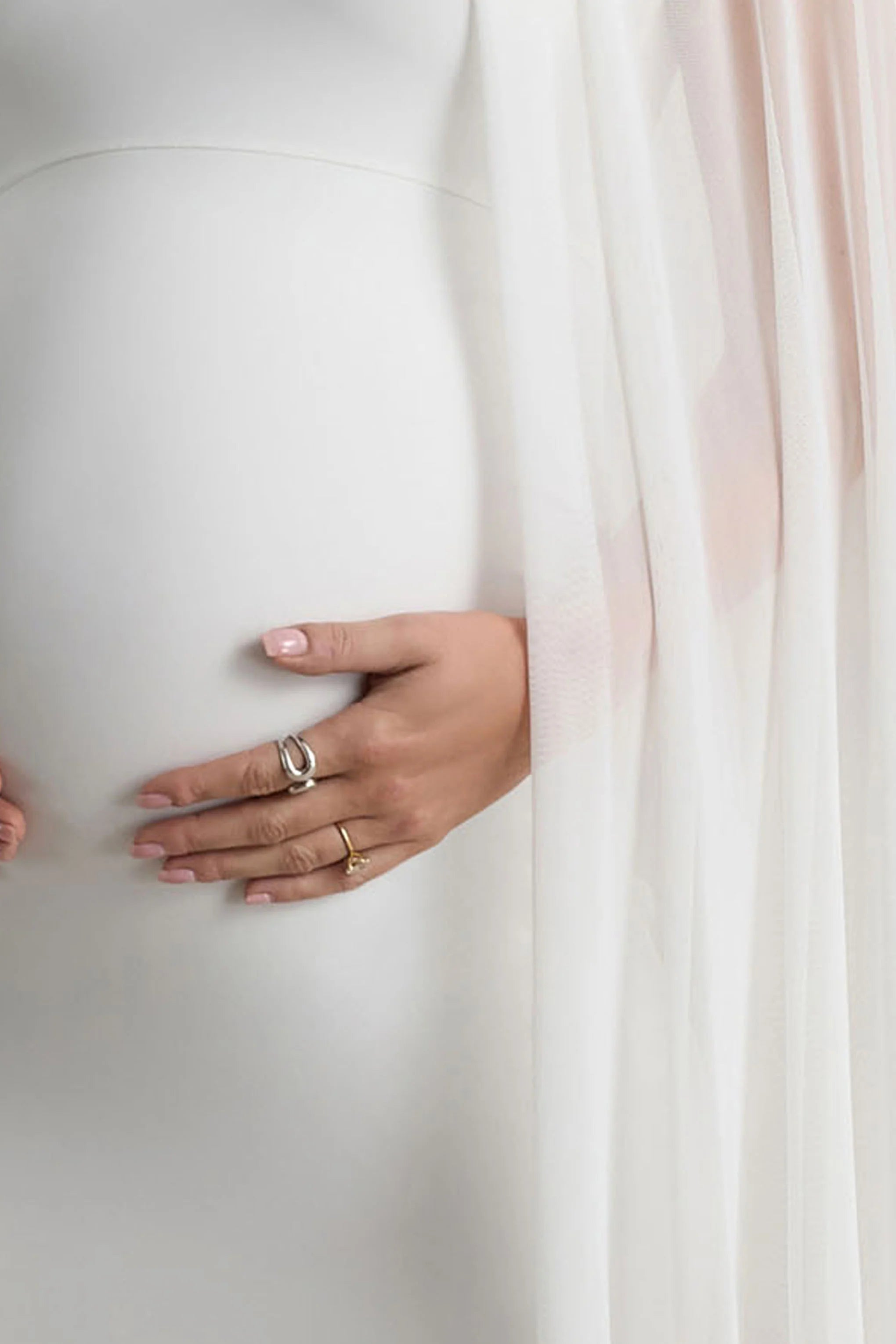 Charlene | White High-Neck Maternity Mini Dress With Mesh Cape
