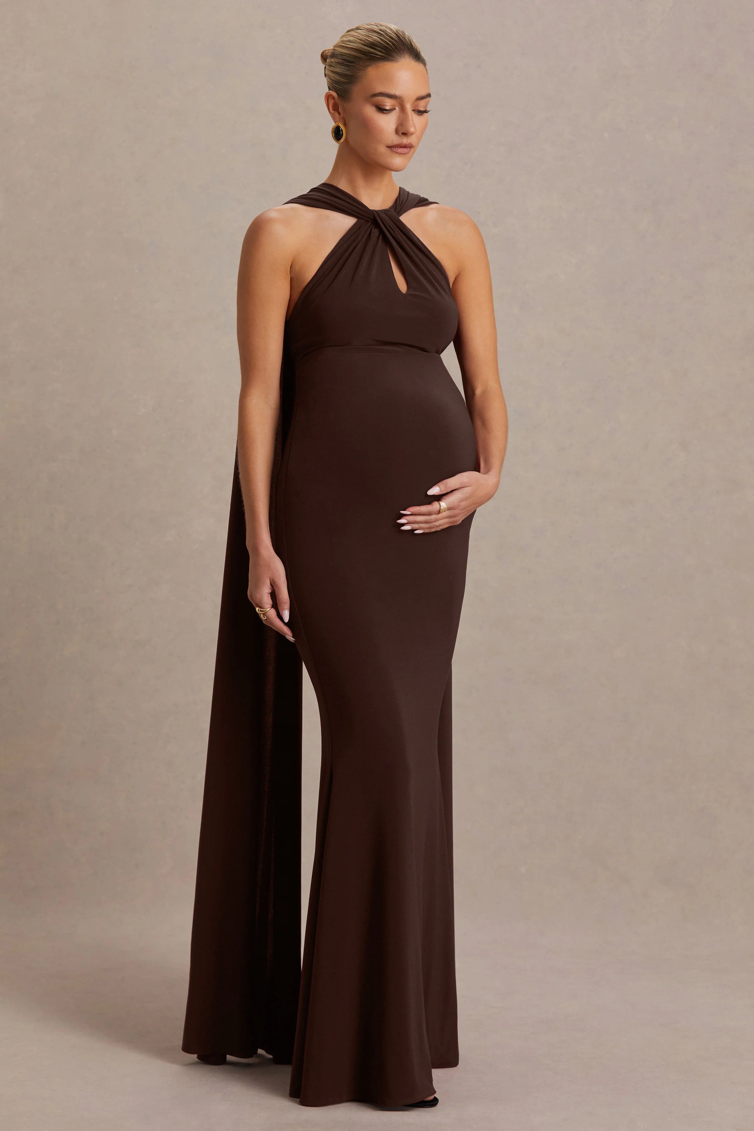 Lyra | Brown Cross Halter-Neck Maternity Maxi Dress With Cape
