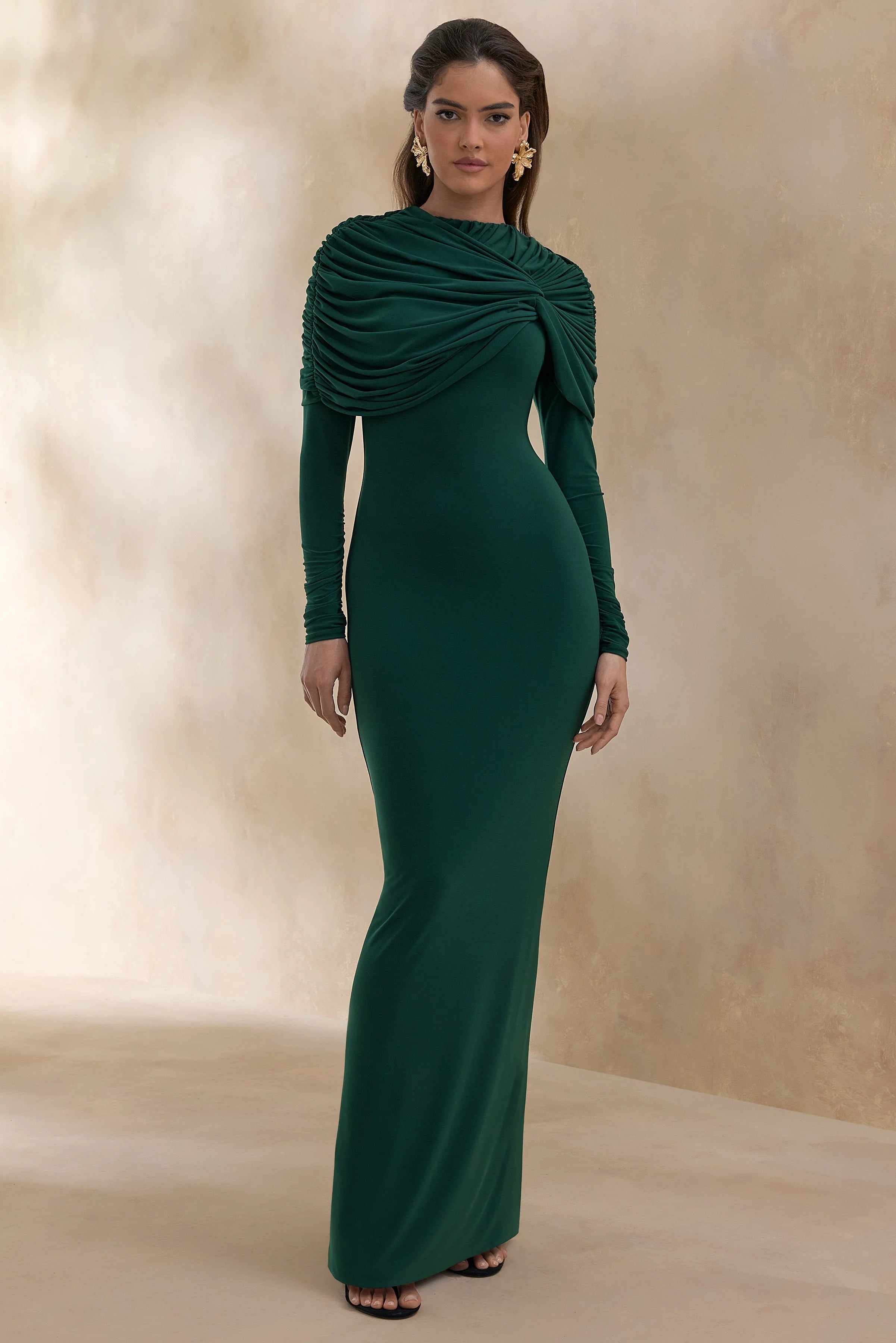 Evessa | Dark Green High-Neck Maxi Dress With Gathered-Detailing