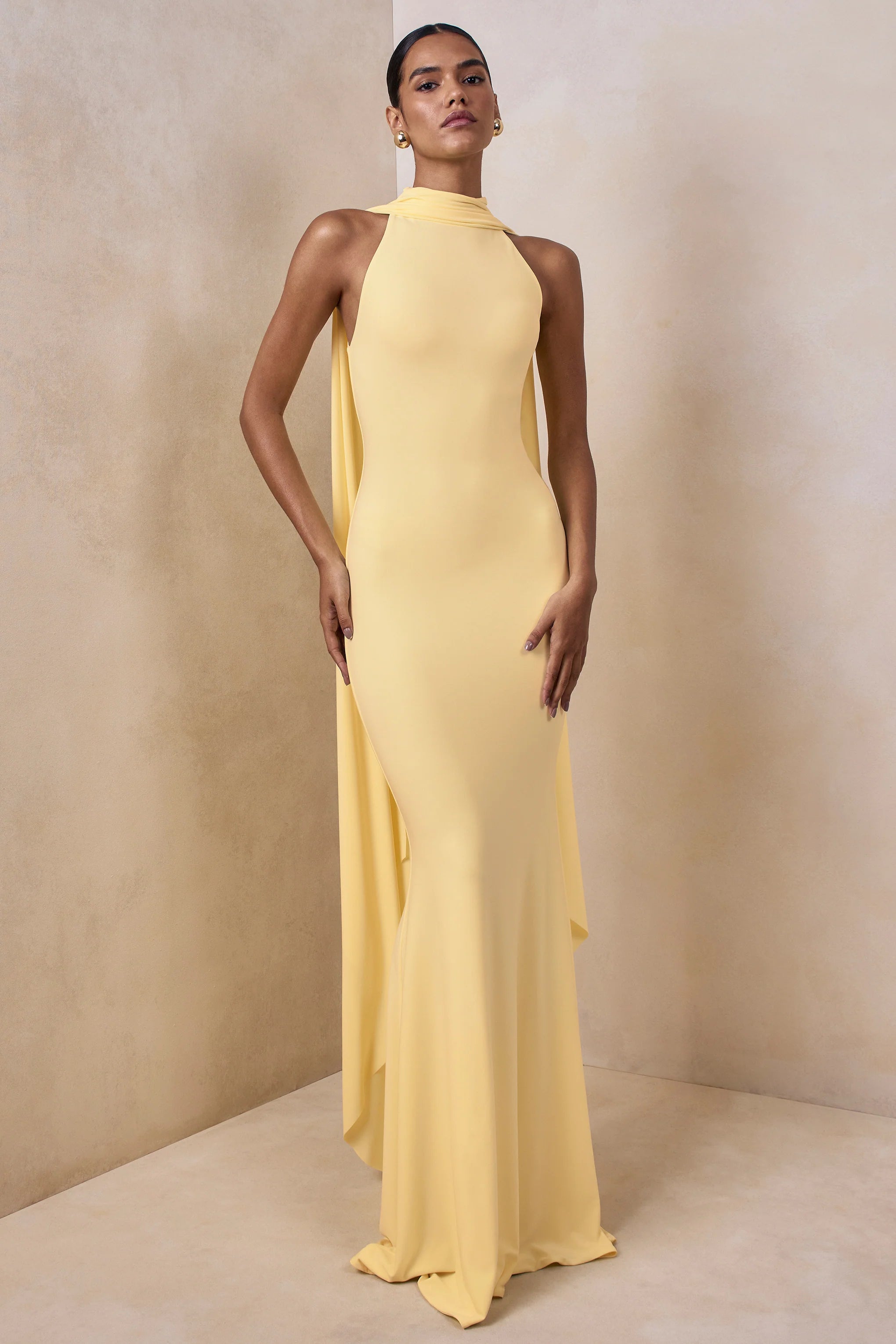 Cordy | Lemon High-Neck Maxi Dress With Cape