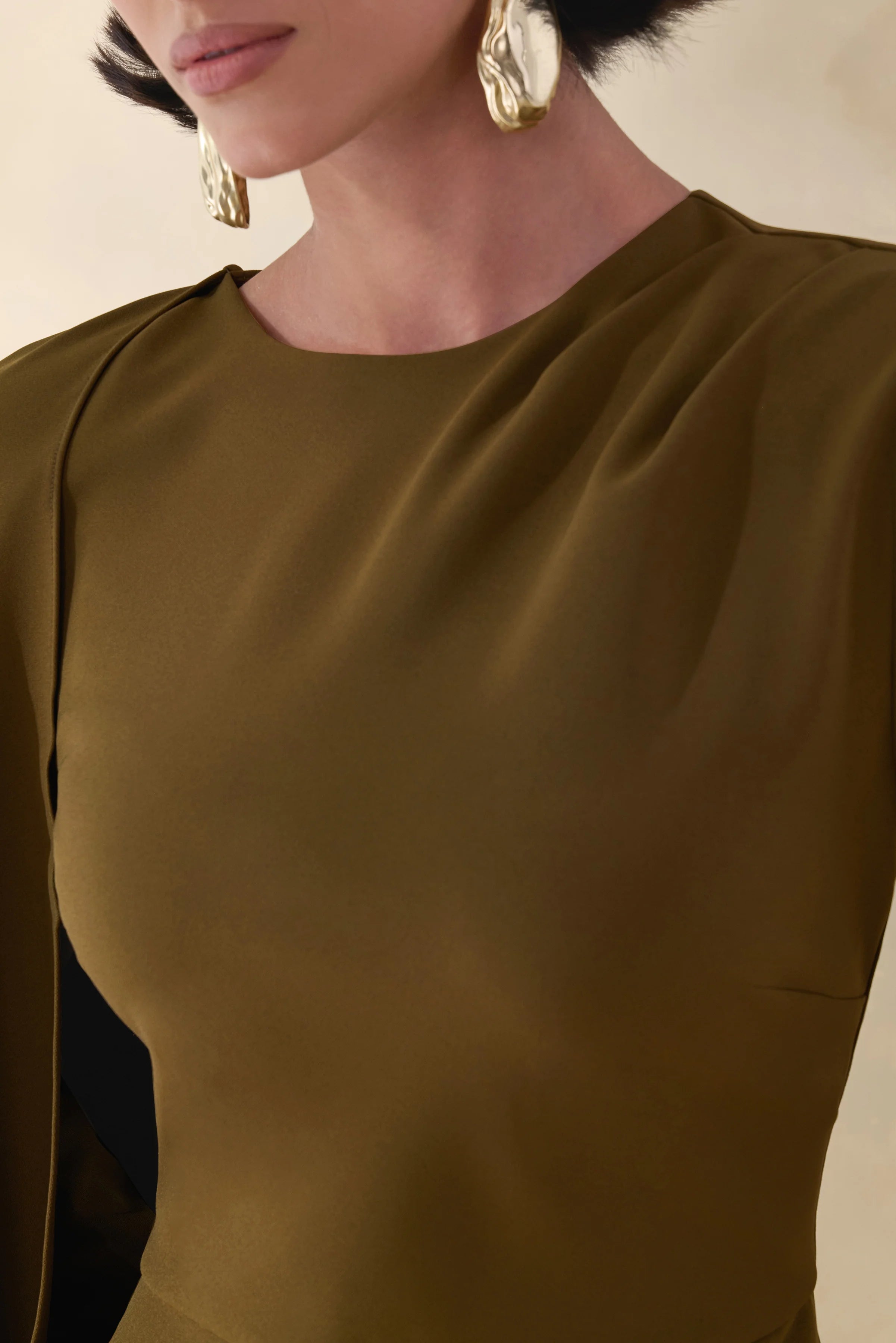 Jovea | Olive Round-Neck Maxi Dress With Cape-Sleeve