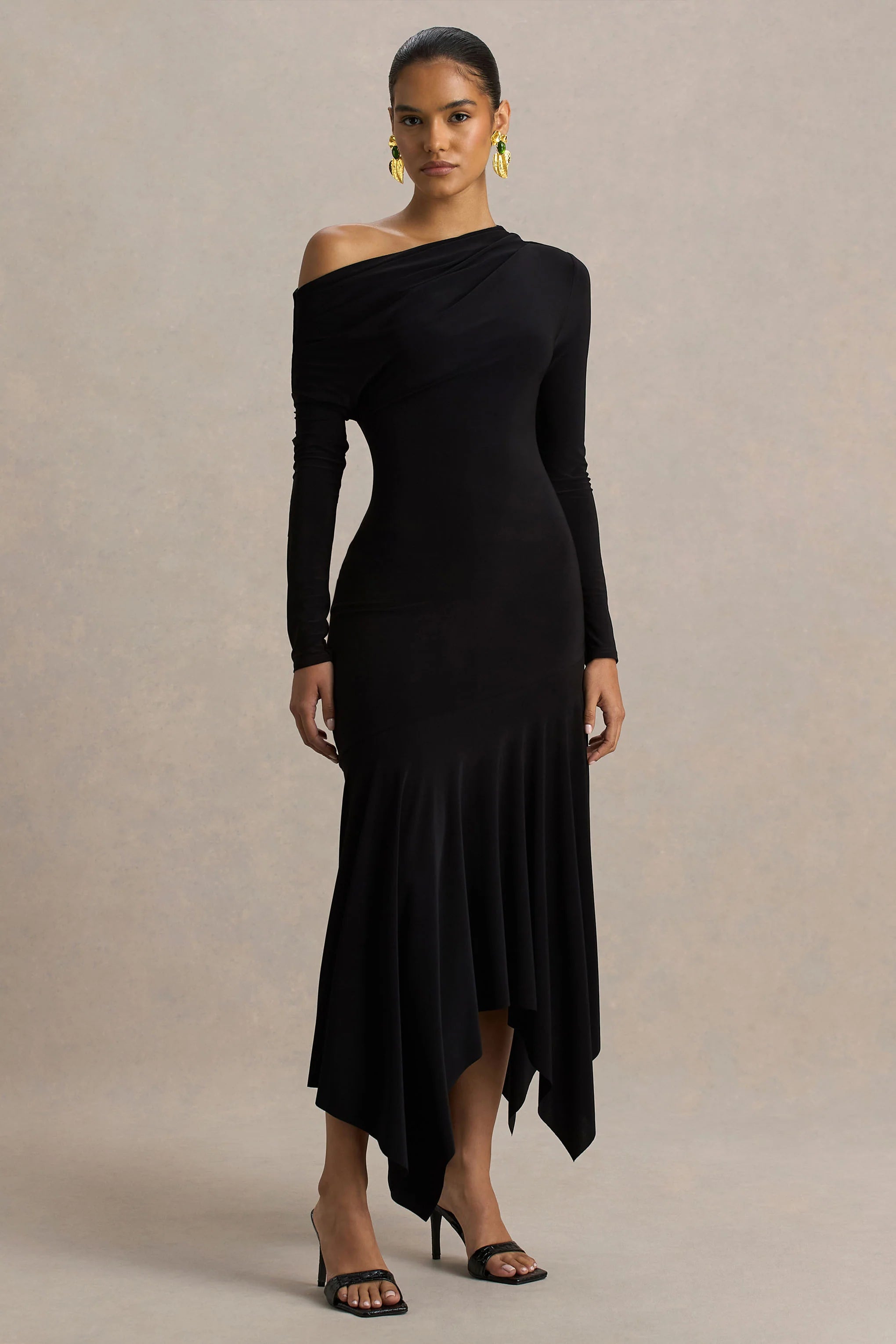 Isola | Black Asymmetric-Neck Midi Dress With Hanky-Hem