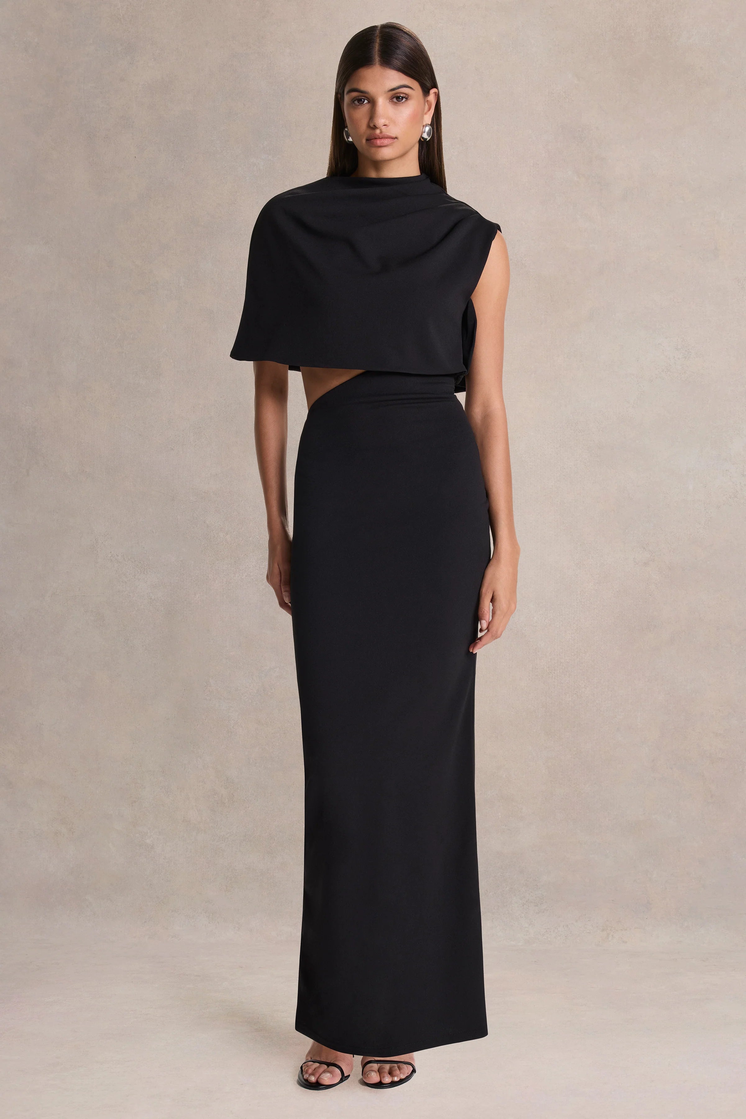 Roseth | Black High-Neck Maxi Dress With Removable Cape