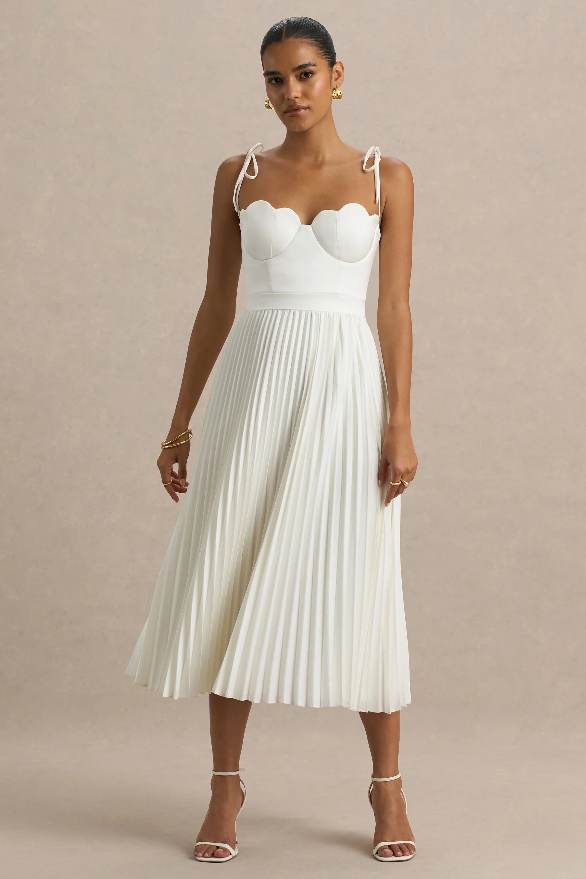 Agua | Cream Satin Sweetheart Midi Dress With Pleated Skirt
