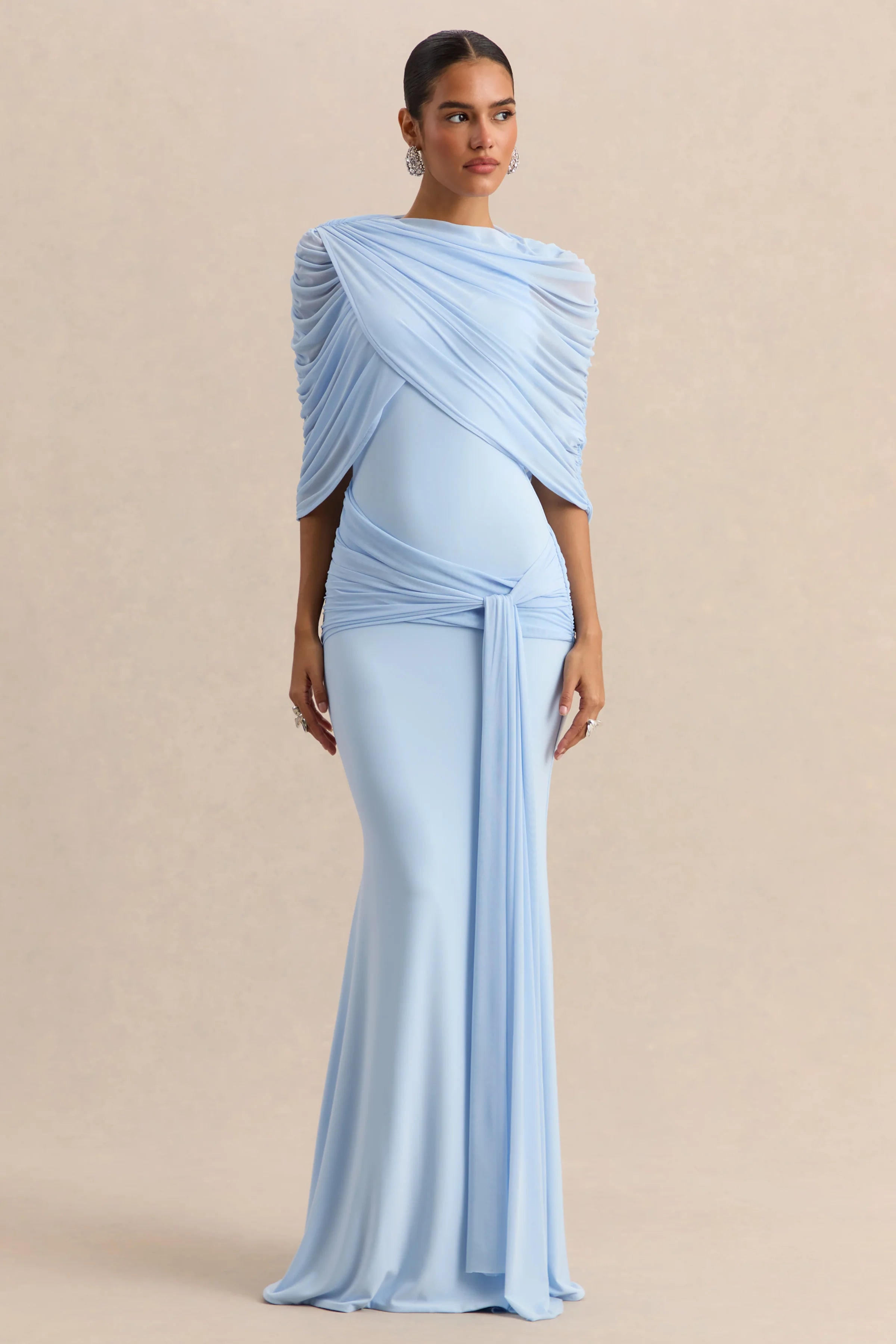 Mirene | Powder Blue Round-Neck Maxi-Dress With Gathered-Detailing And Sash