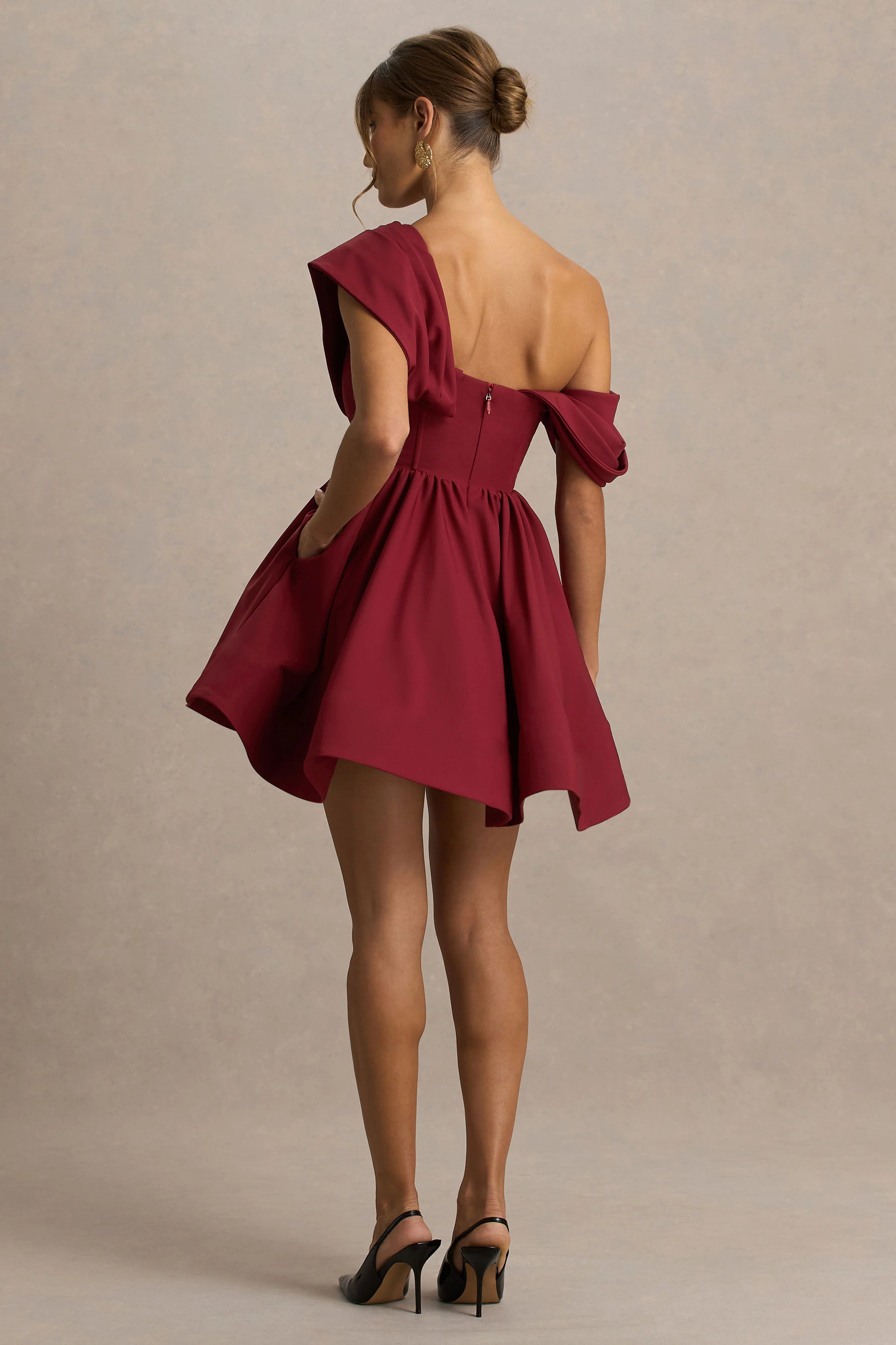 Verona | Burgundy  Draped Asymmetric-Neck Skater Mini Dress