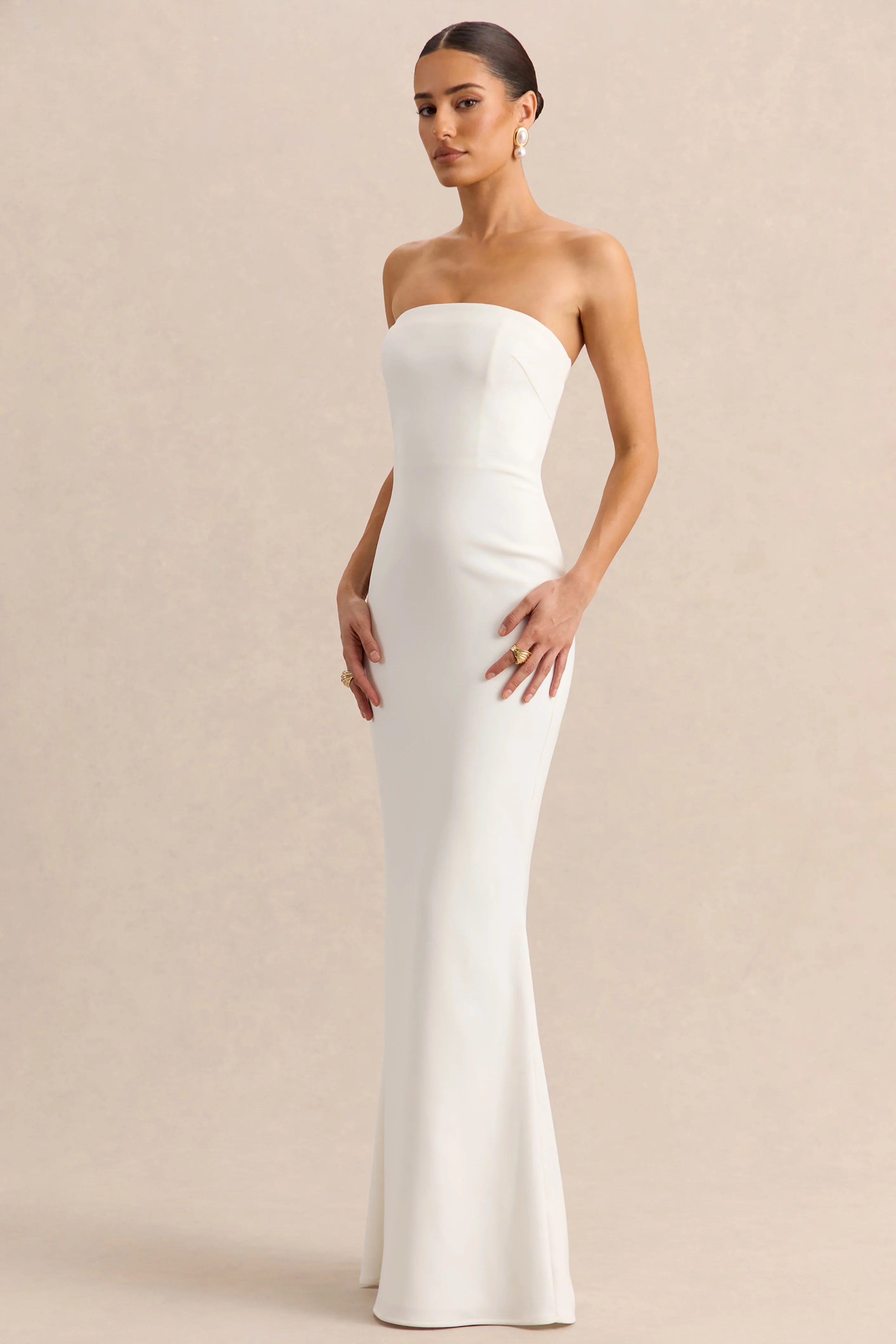 Alina | White Bandeau Maxi-Dress With Cape