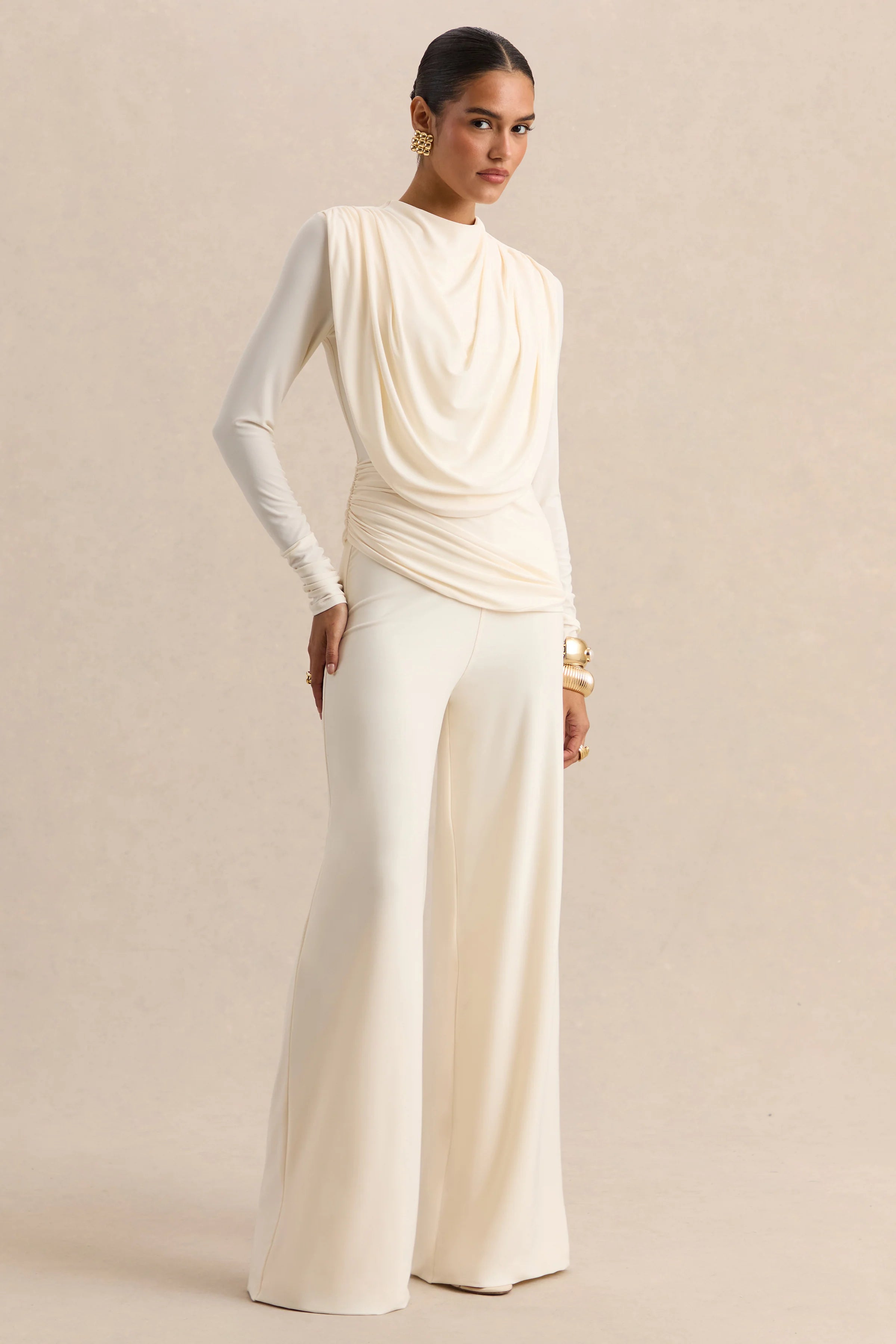 Raniella | White High-Neck Top With Gathered And Draped-Detailing