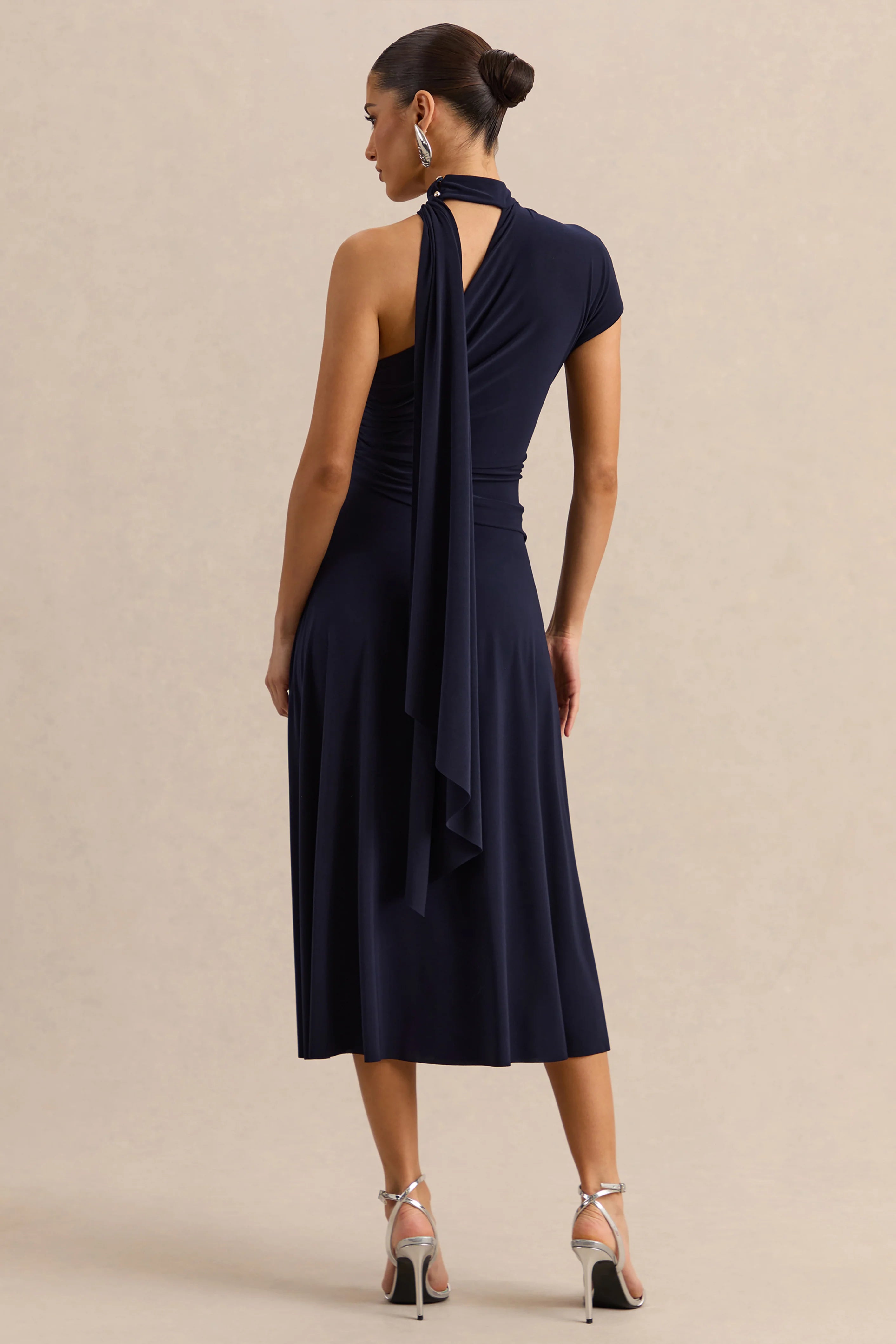 Lythara | Navy Asymmetric-Neck Midi Dress With Scarf-Detail