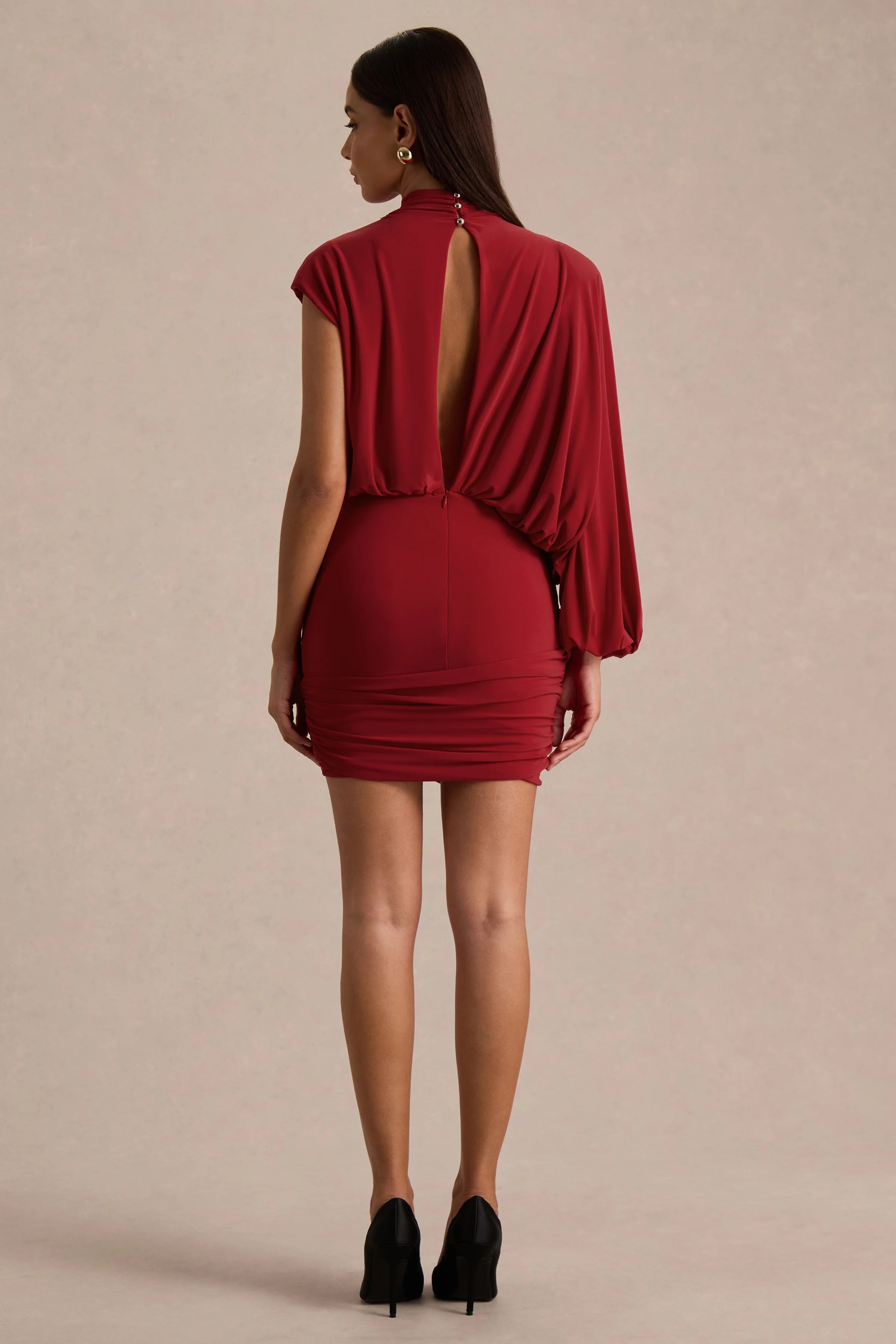 Zelda | Red High-Neck Mini Dress With One-Long Sleeve And Twisted Detail