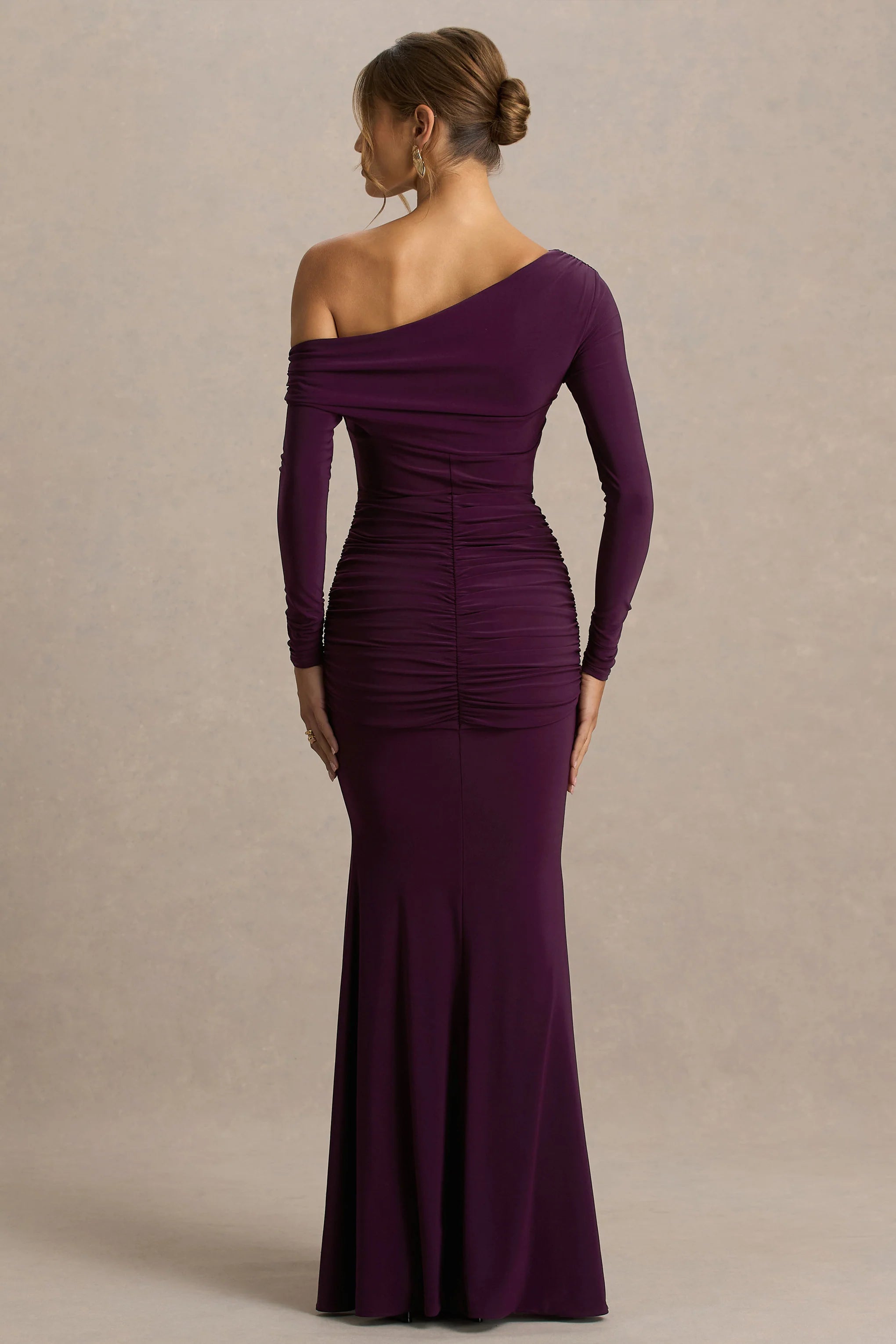 Clover | Burgundy Asymmetric-Neck Wrapped Maxi Dress With Sash