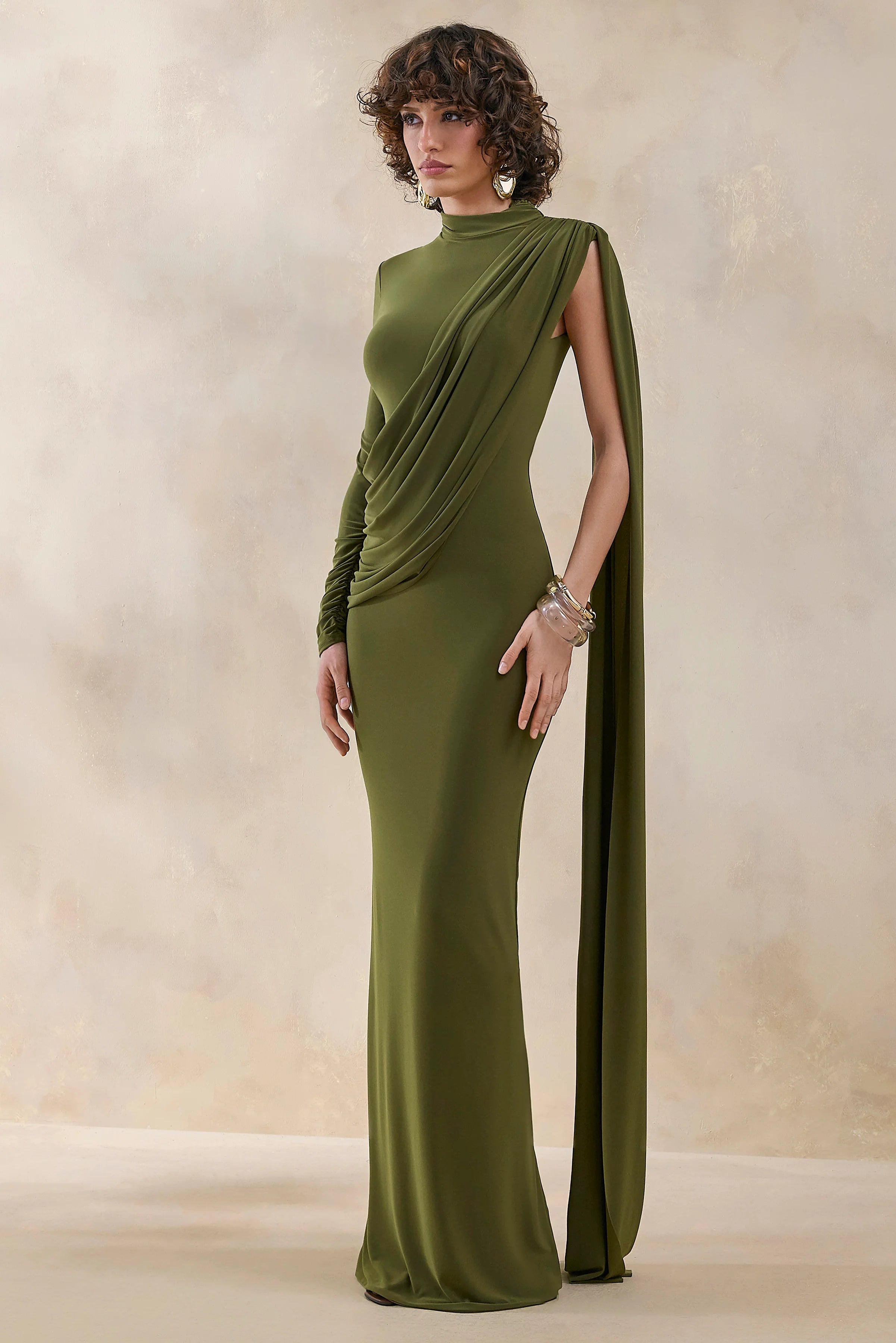 Oliria | Olive High-Neck Maxi Dress With One-Long Sleeve And Sash-Detail