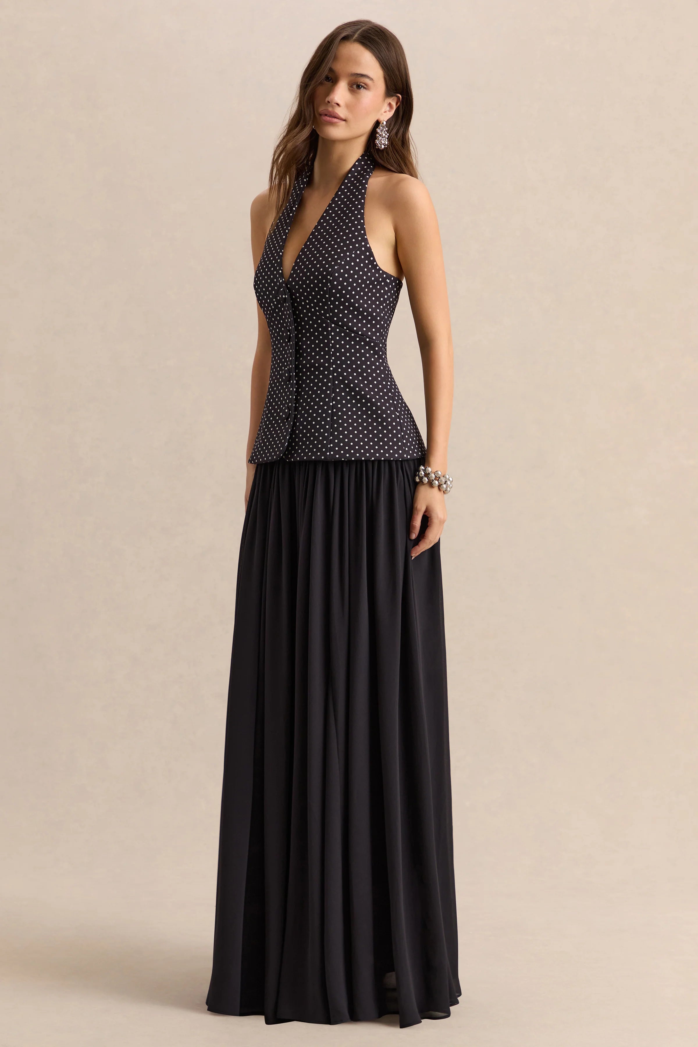 Zarina | Black & White Polka-Dot Plunge-Neck Maxi Dress