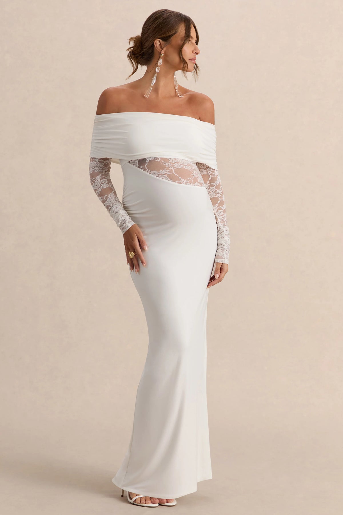 Artemisia | White Bardot-Neck Maternity Maxi Dress With Lace Detailing