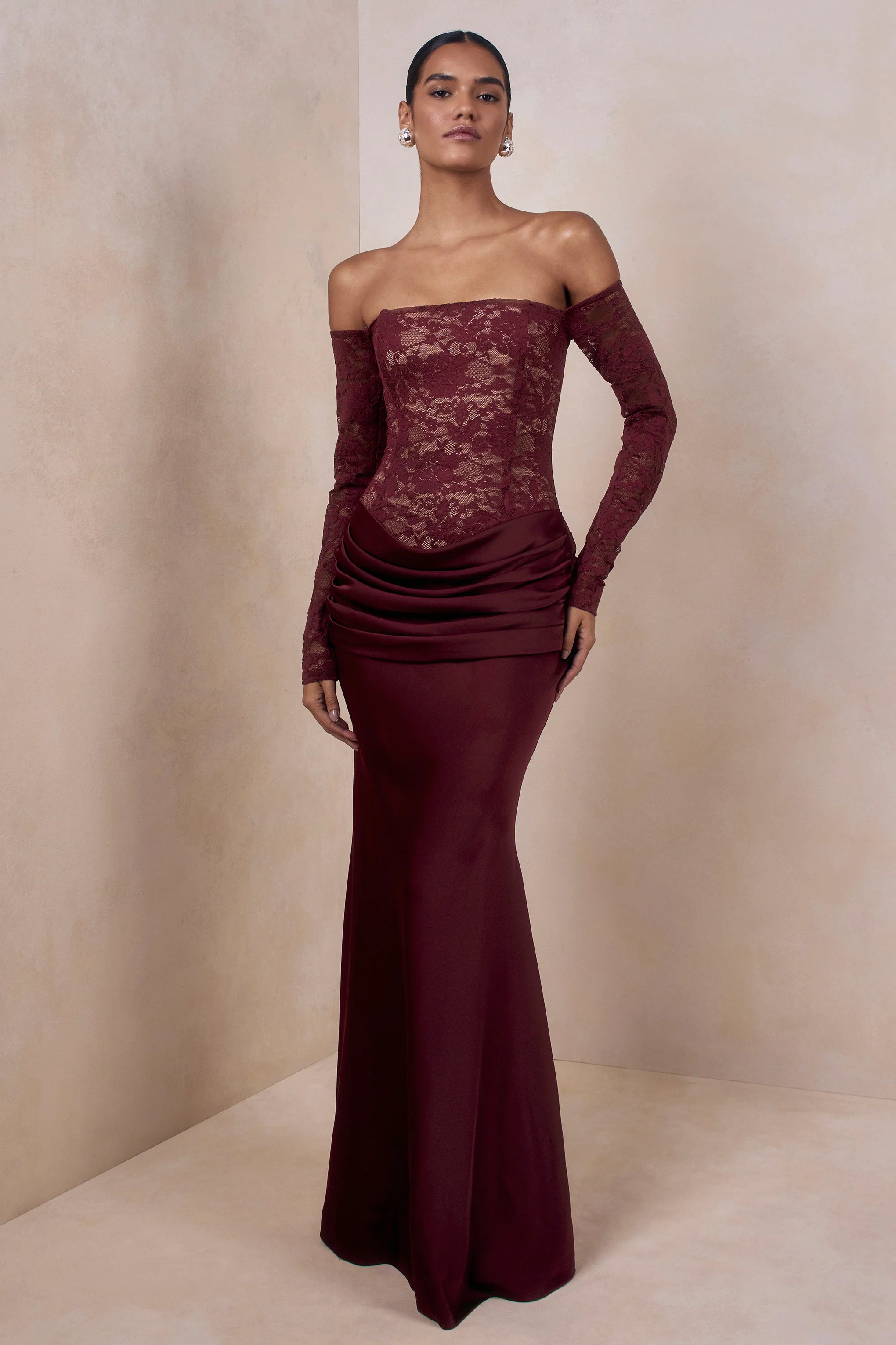 Rinna | Burgundy Lace Bardot-Neck Maxi Dress