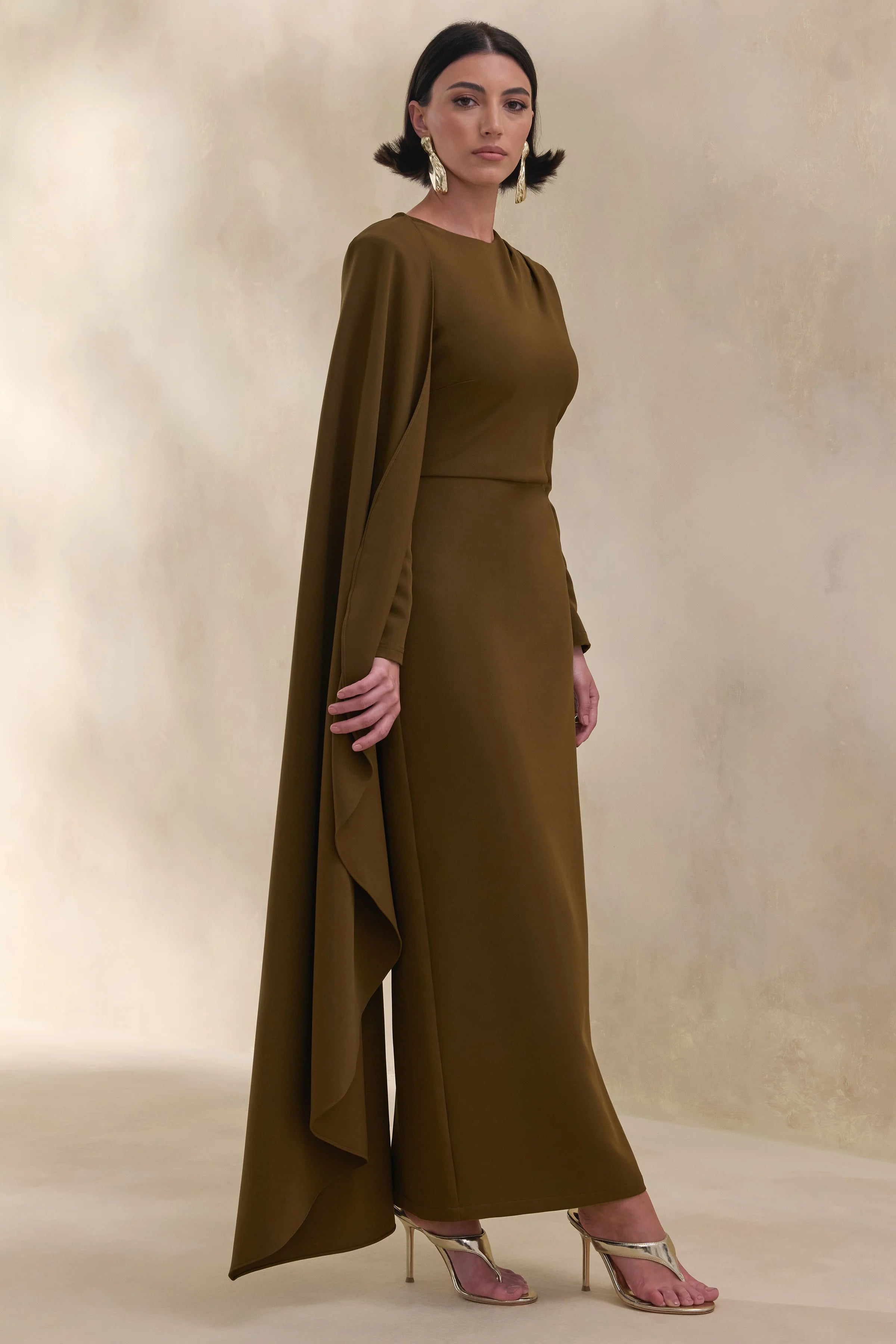 Jovea | Olive Round-Neck Maxi Dress With Cape-Sleeve