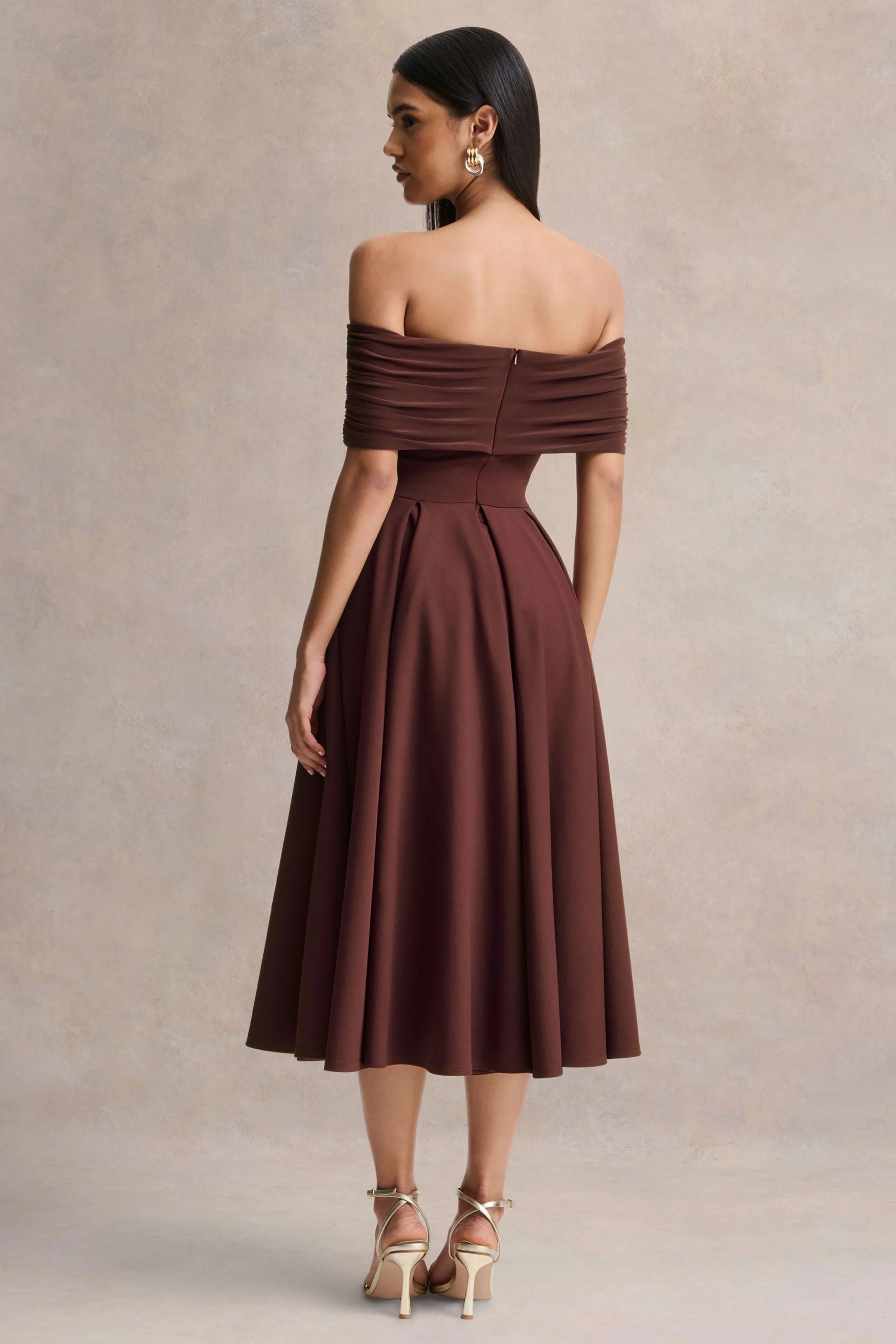 Dearest | Brown Bardot-Neck Midi Dress