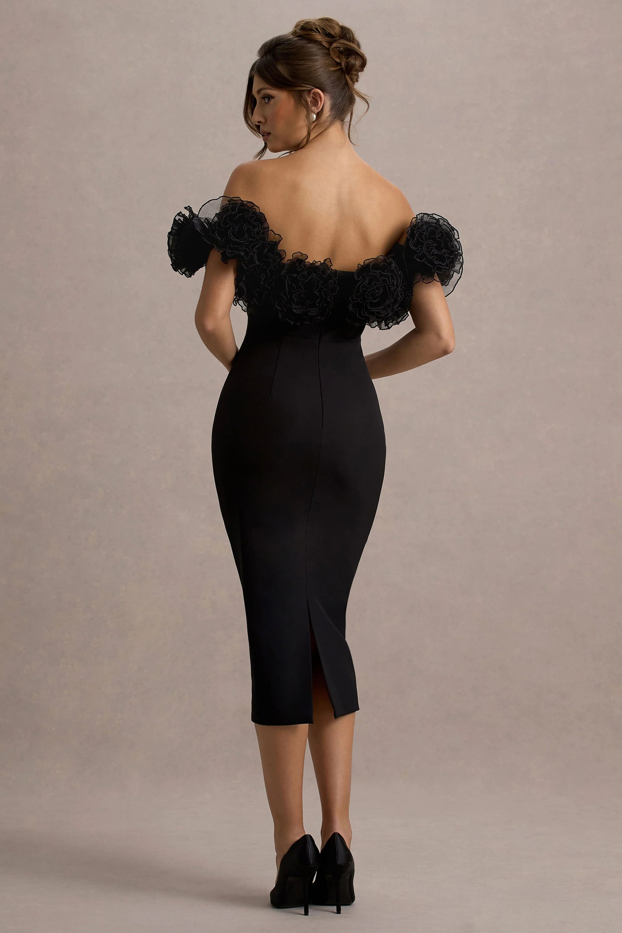 Alizzi | Black Bardot Midi Dress With Ruffle Trim