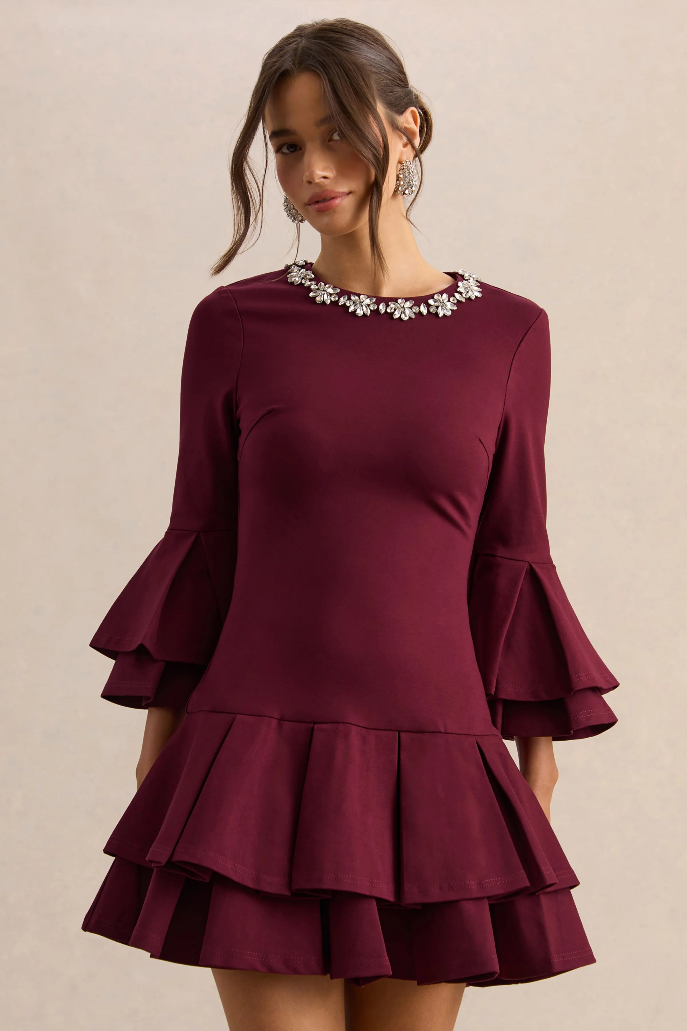 Mirna | Burgundy Crew-Neck Mini Dress With Bell Sleeves And Ruffled Detailing