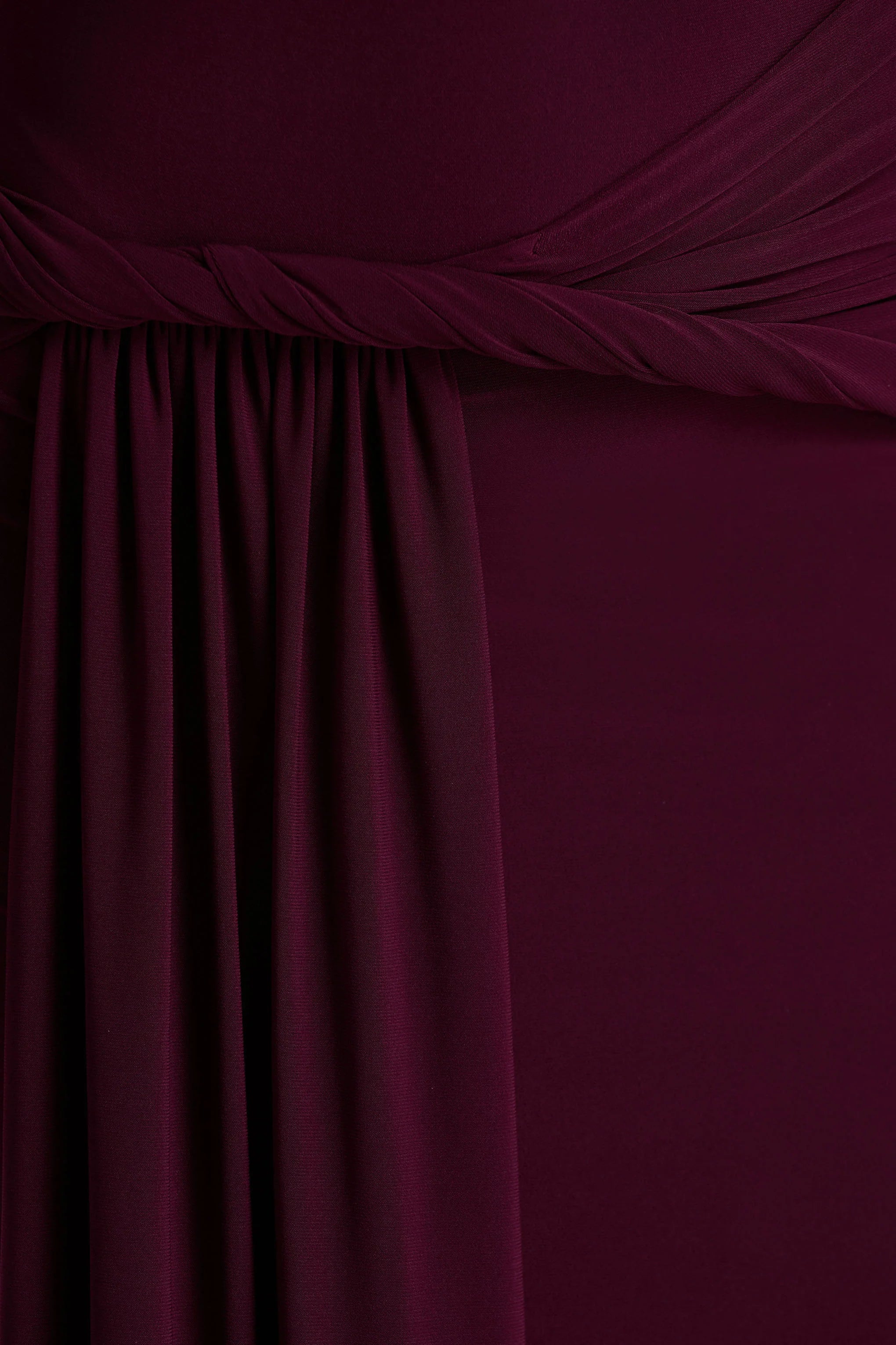 Tulisa | Burgundy Asymmetric-Neck Maxi Dress With Twist Sleeves And Ruched Detailing