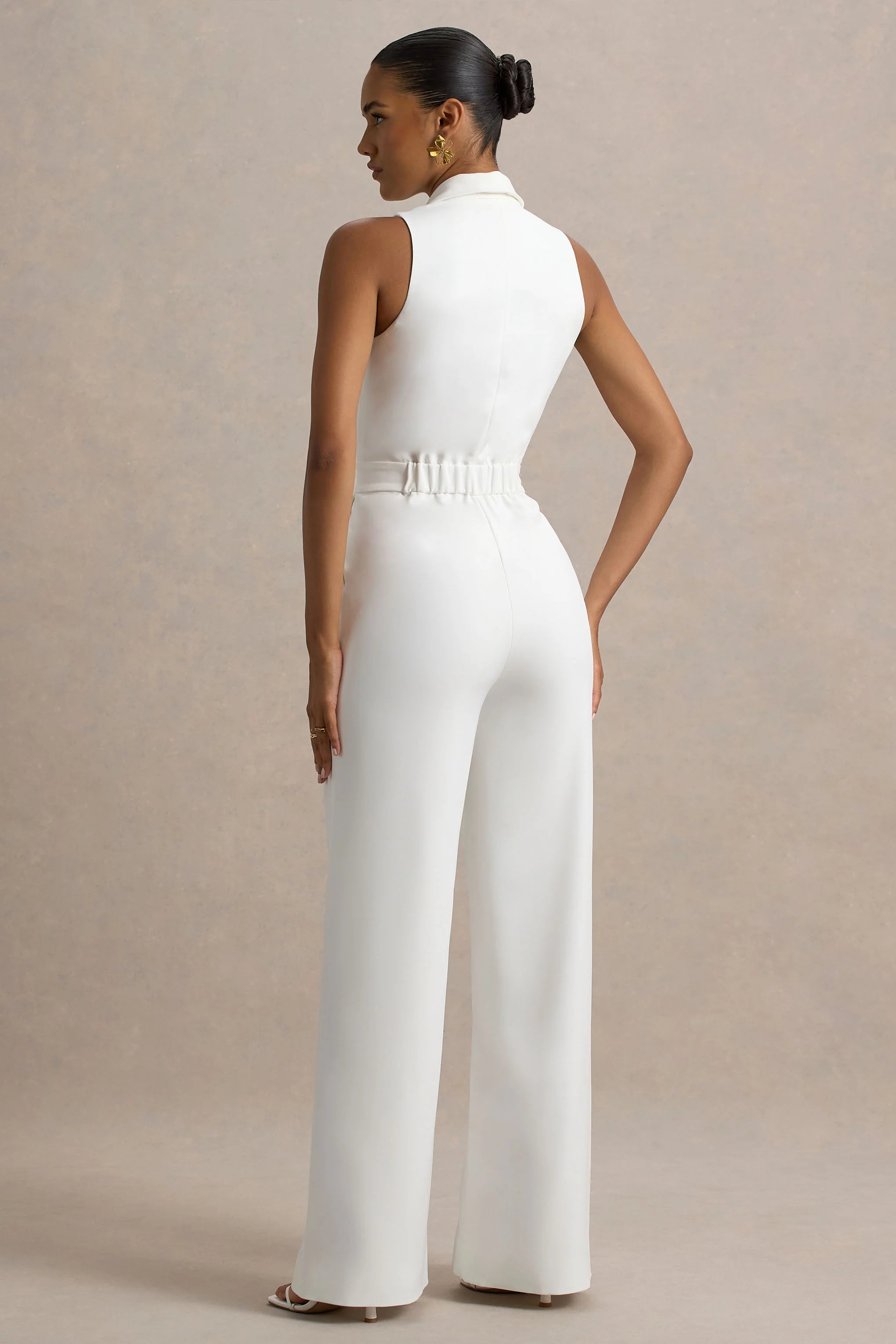 Trixie | White Plunge-Neck Tailored Jumpsuit