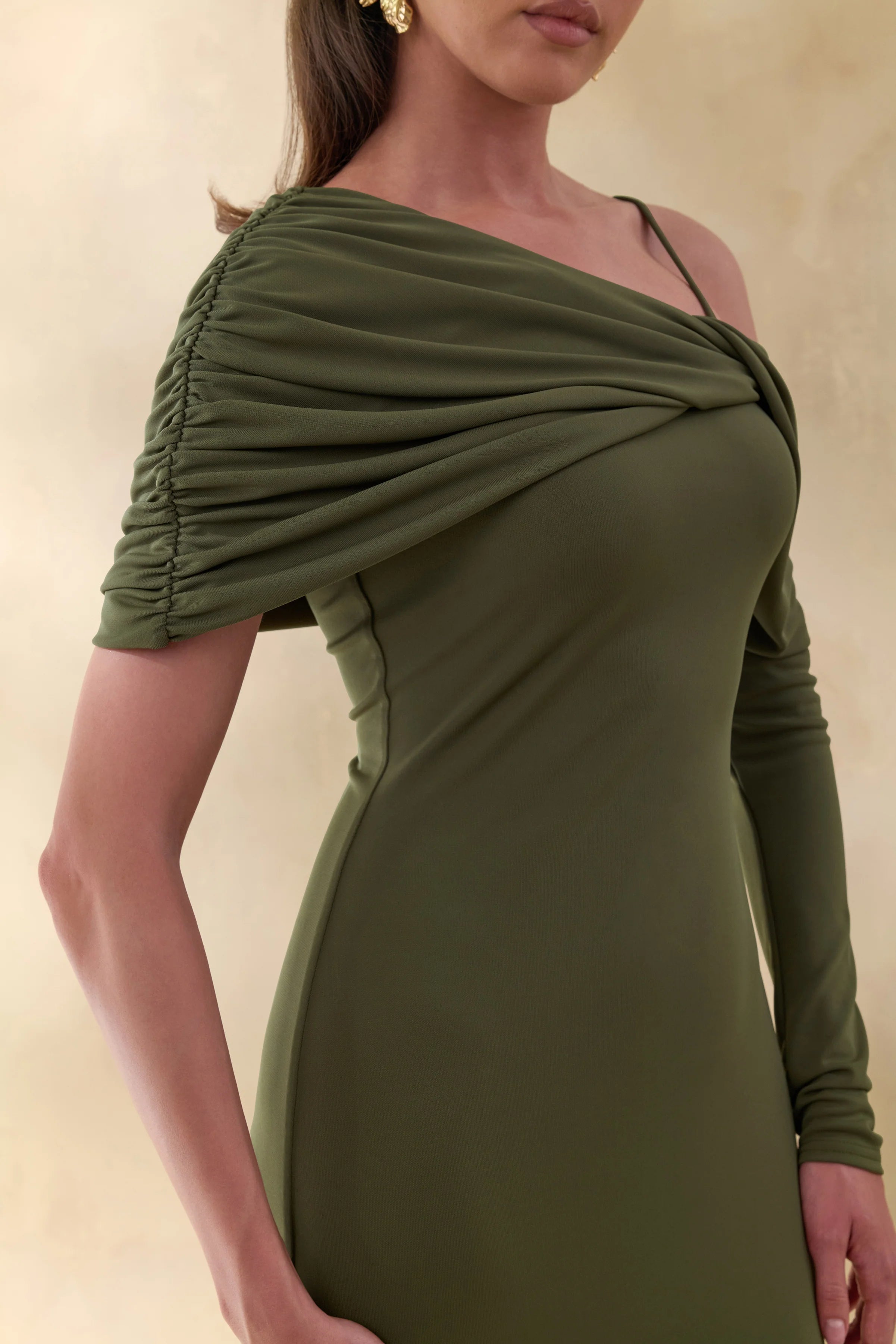 Silvaria | Olive Twisted Asymmetric-Neck Maxi Dress
