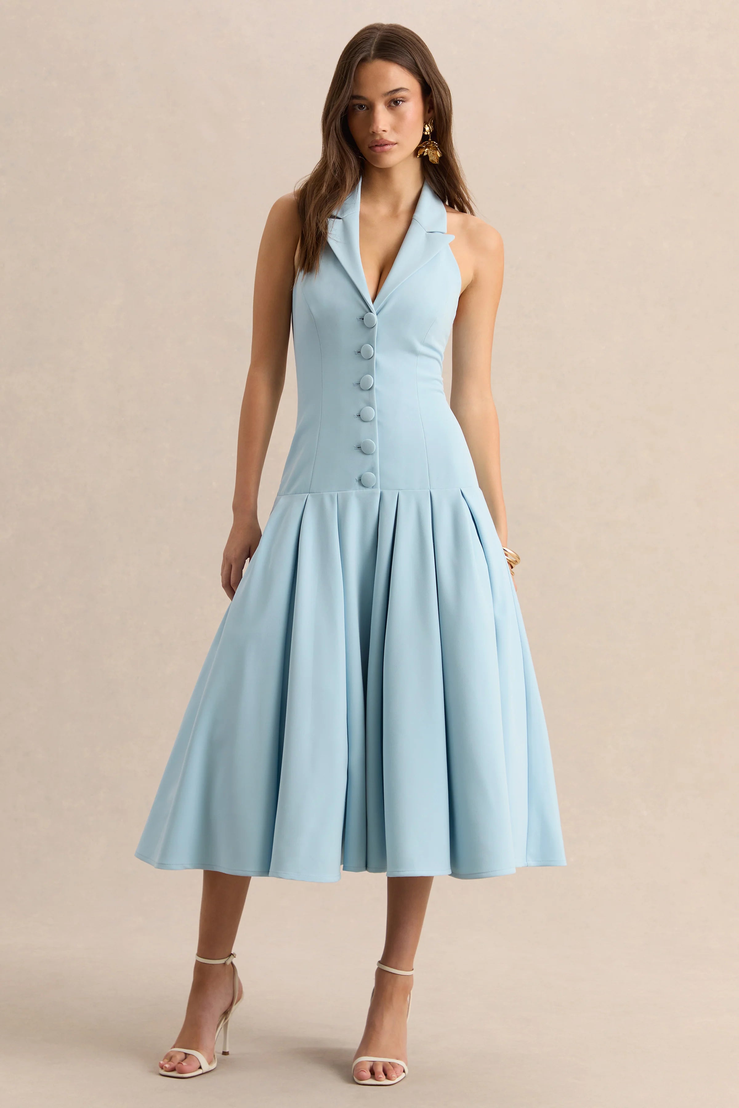 Elise | Powder Blue Plunge-Neck Midi Dress With Drop-Waist