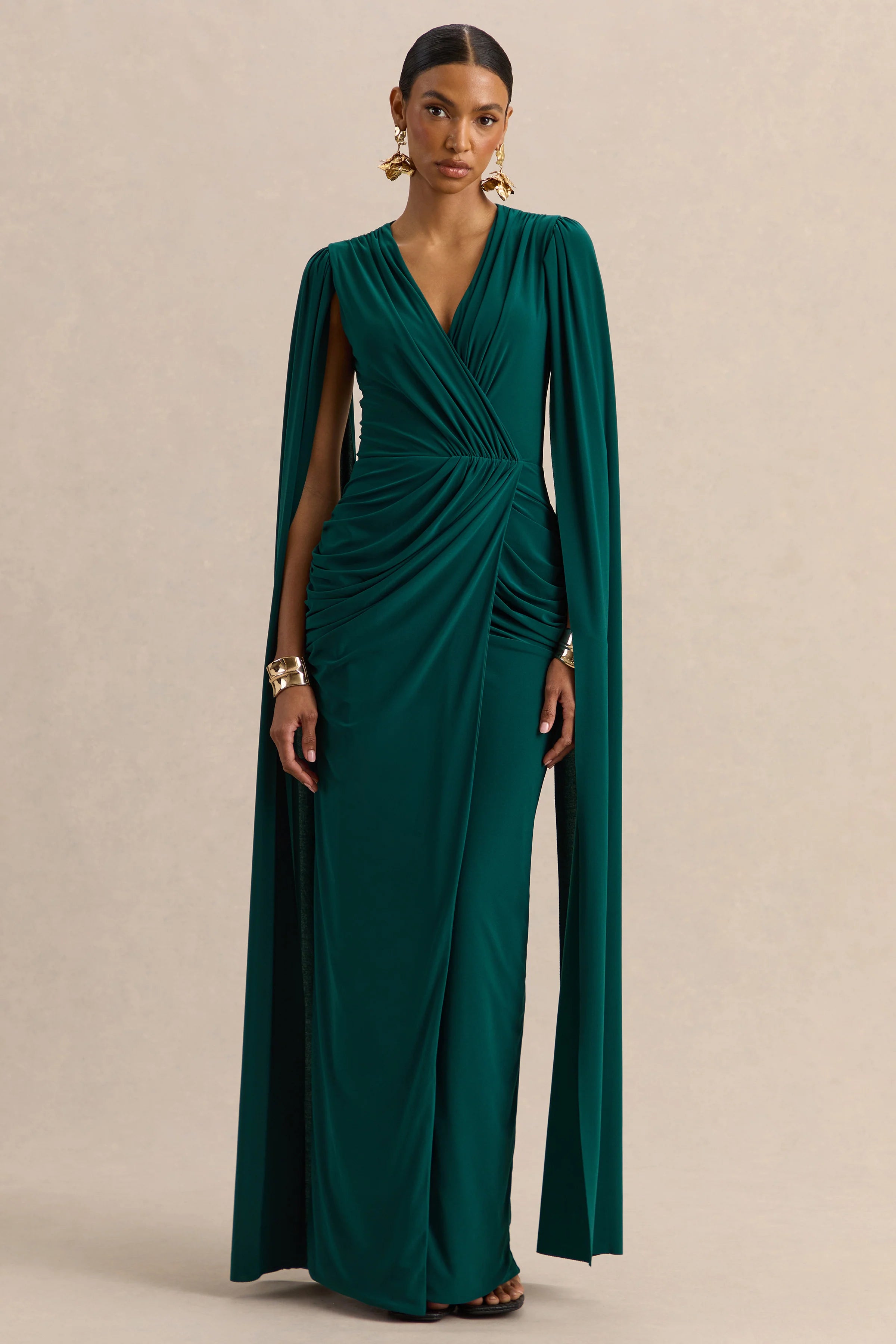 Ulissia | Bottle Green V-Neck Maxi Dress With Cape-Sleeves