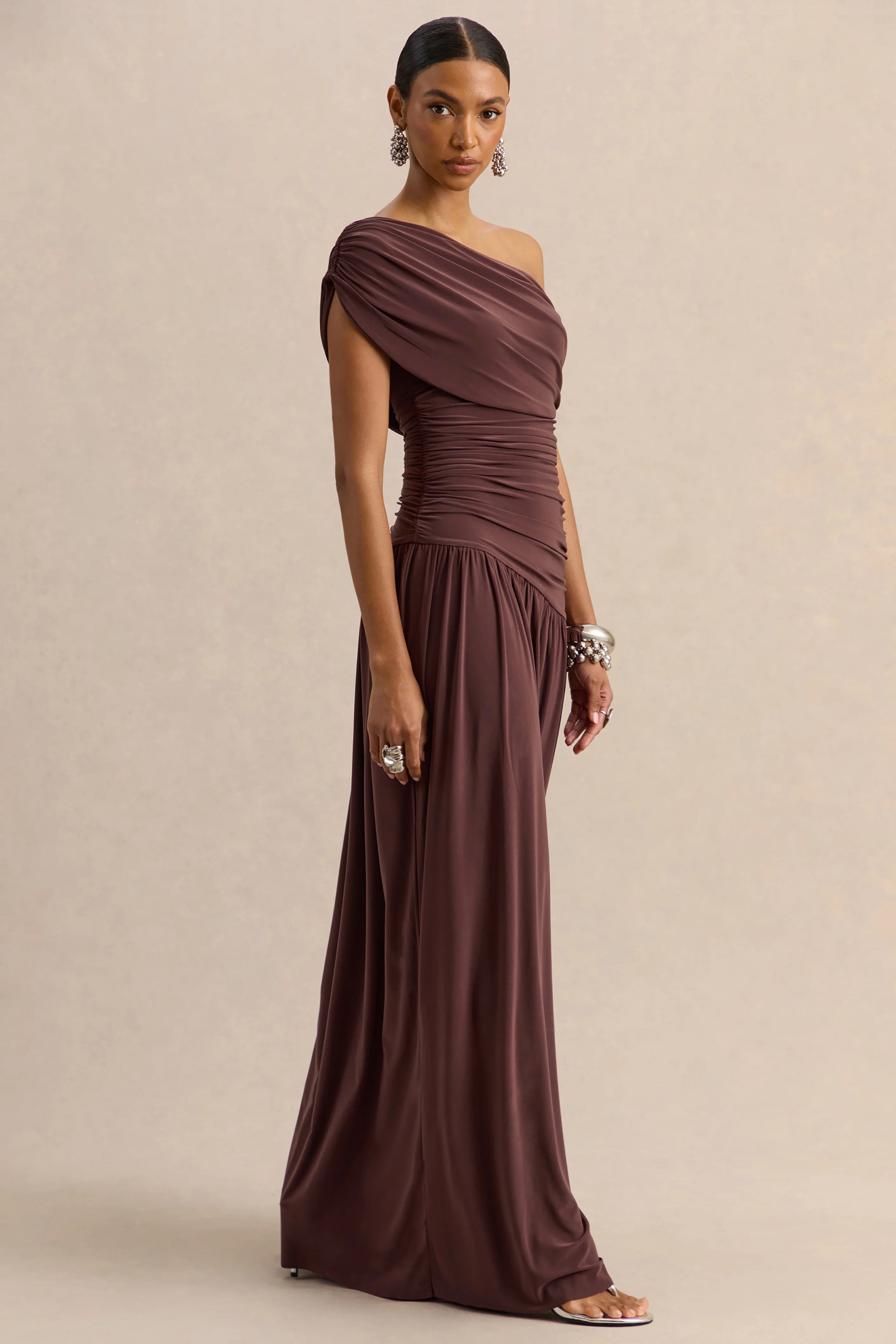 Emberly | Brown Draped Asymmetric-Neck Maxi Dress With Drop-Waist