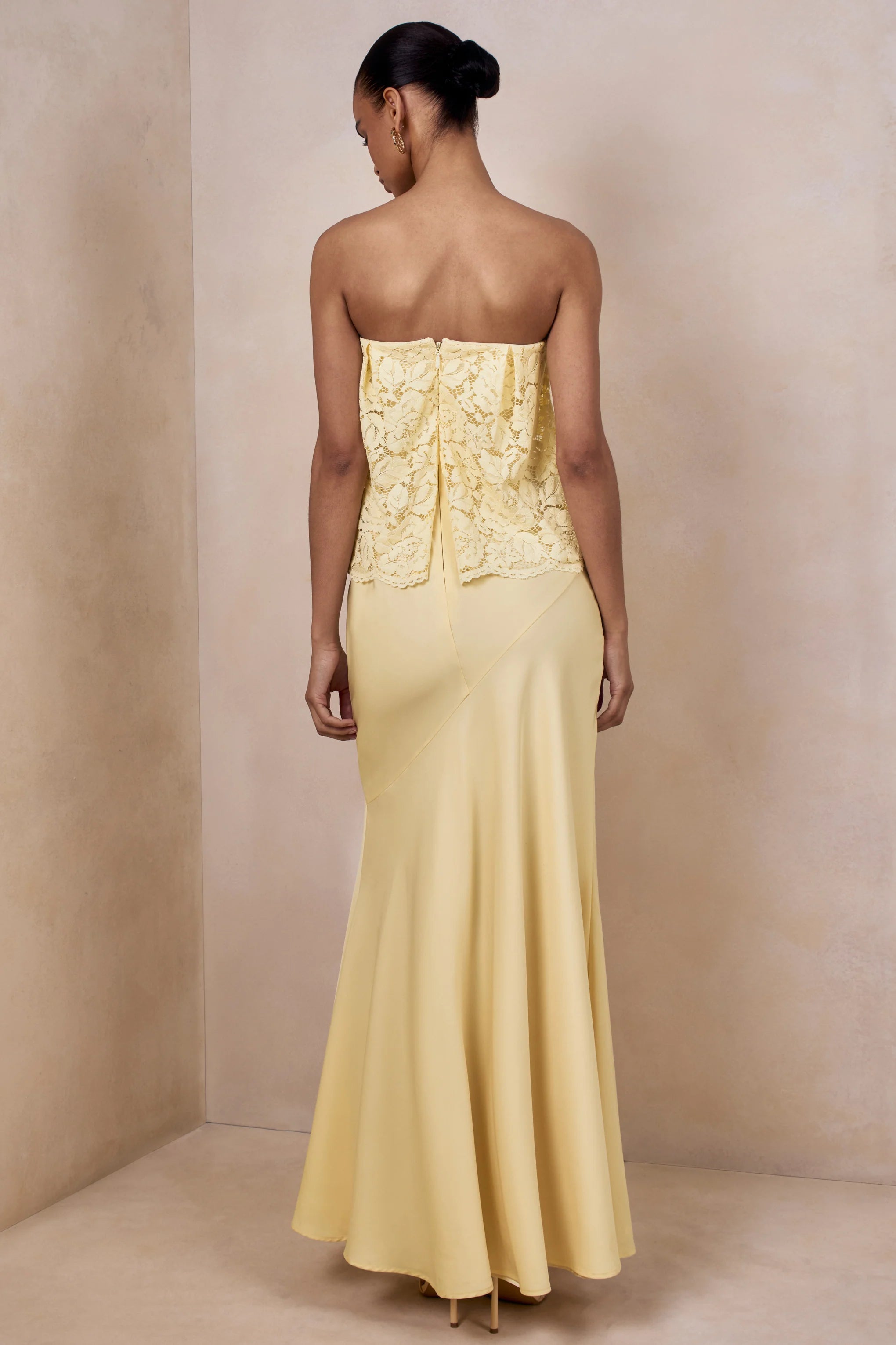 Clemency | Lemon Lace And Matte Satin Bandeau Maxi Dress