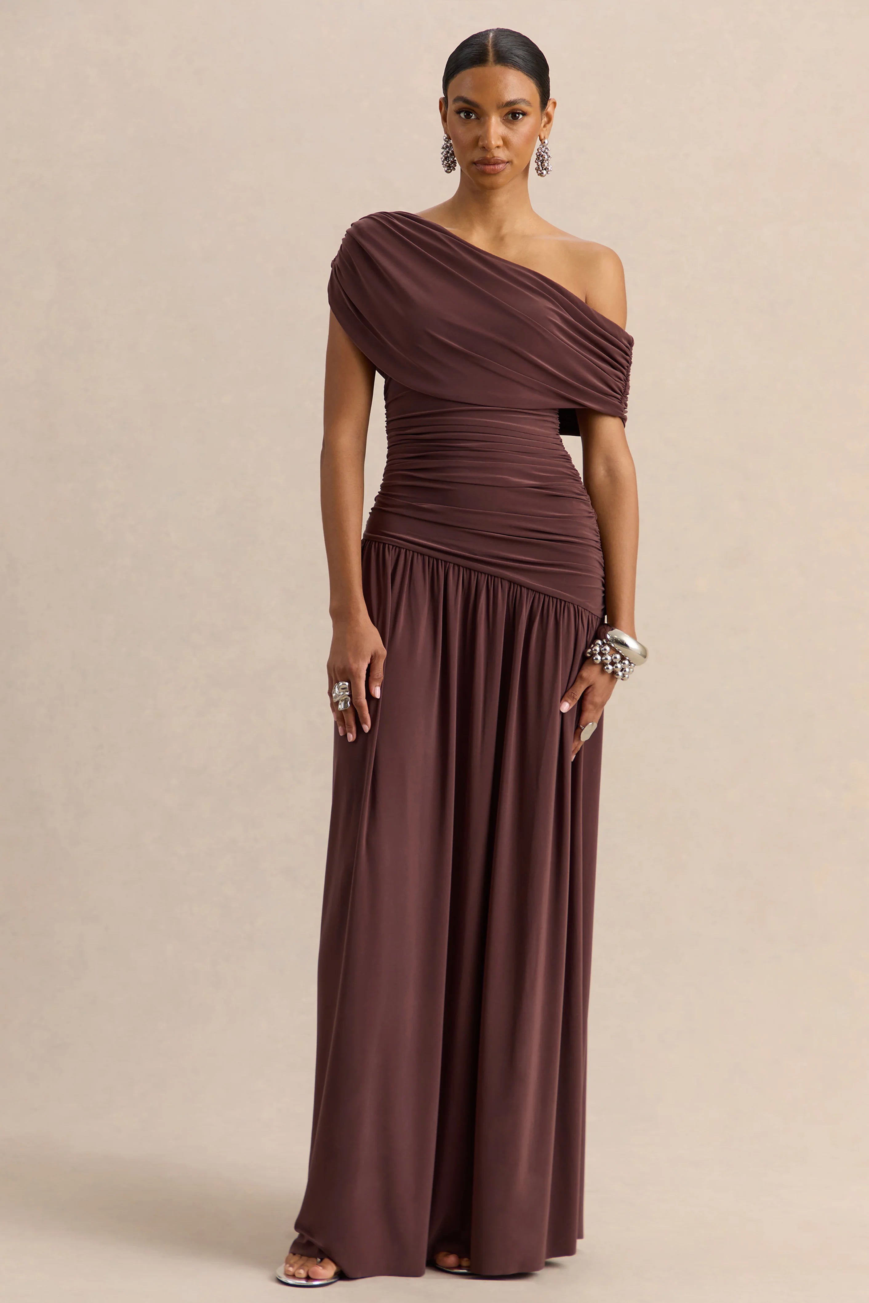 Emberly | Brown Draped Asymmetric-Neck Maxi Dress With Drop-Waist