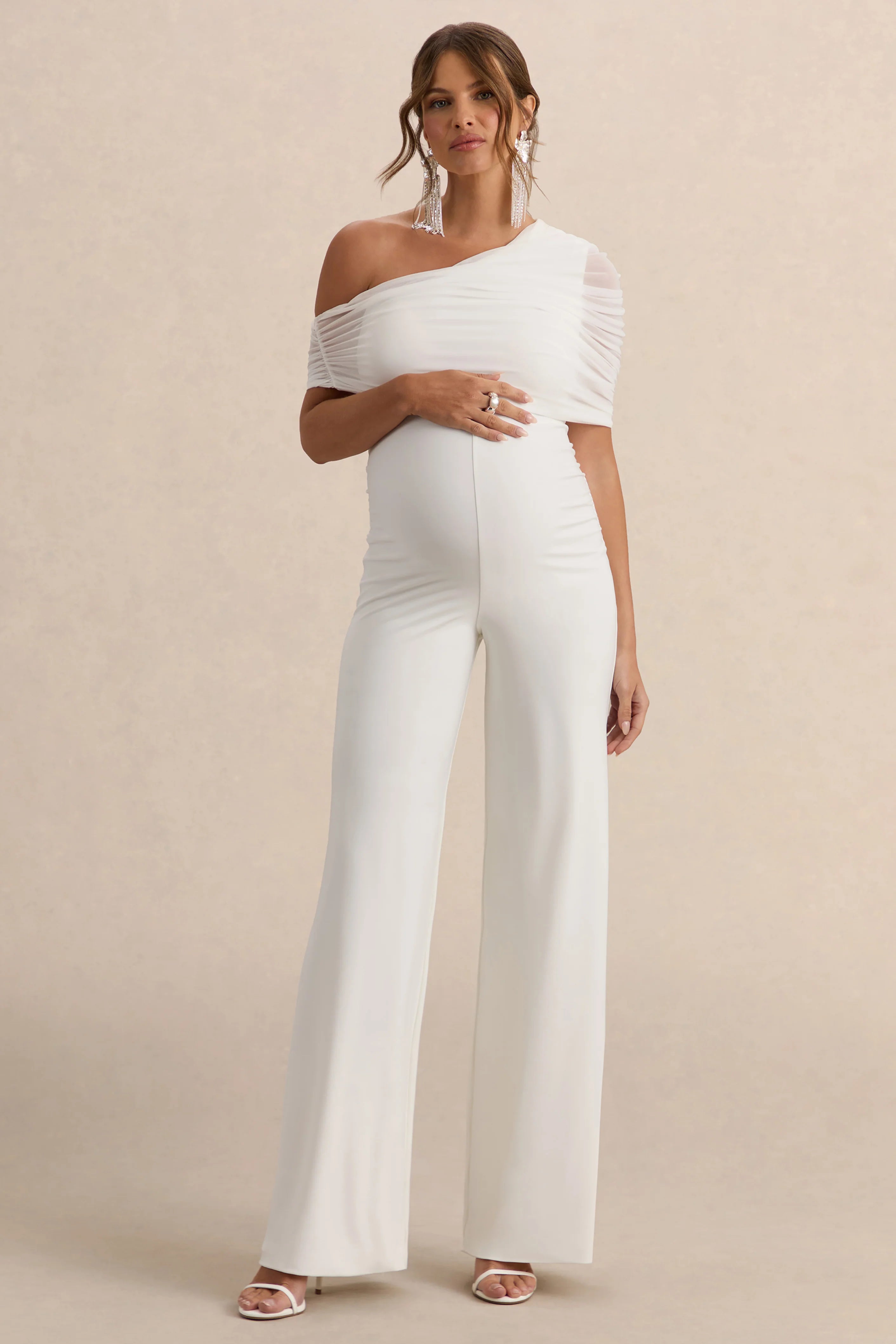 Mariska | White Asymmetric-Neck Maternity Jumpsuit