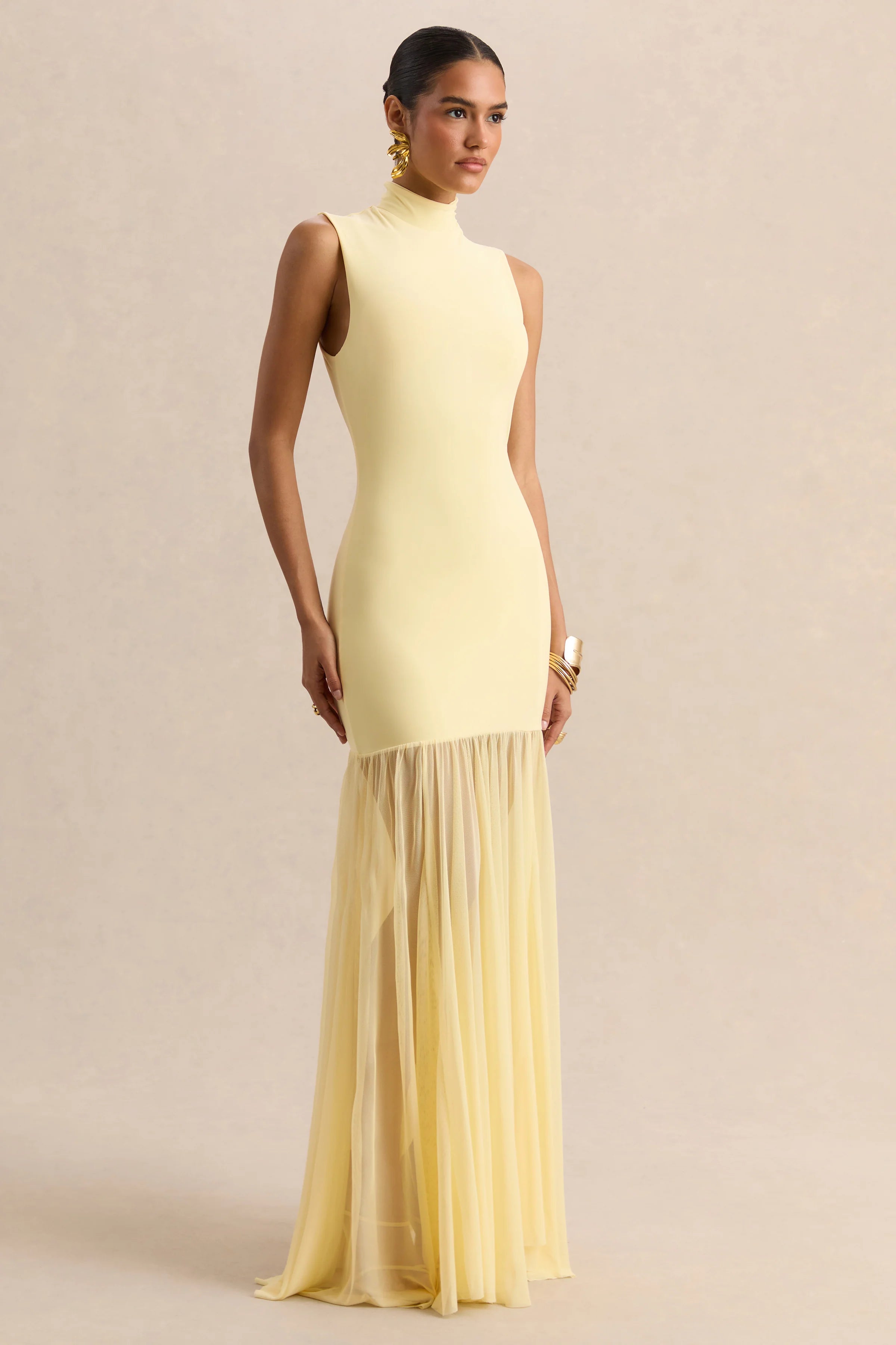 Felina | Lemon High-Neck Maxi Dress With Sheer-Skirt