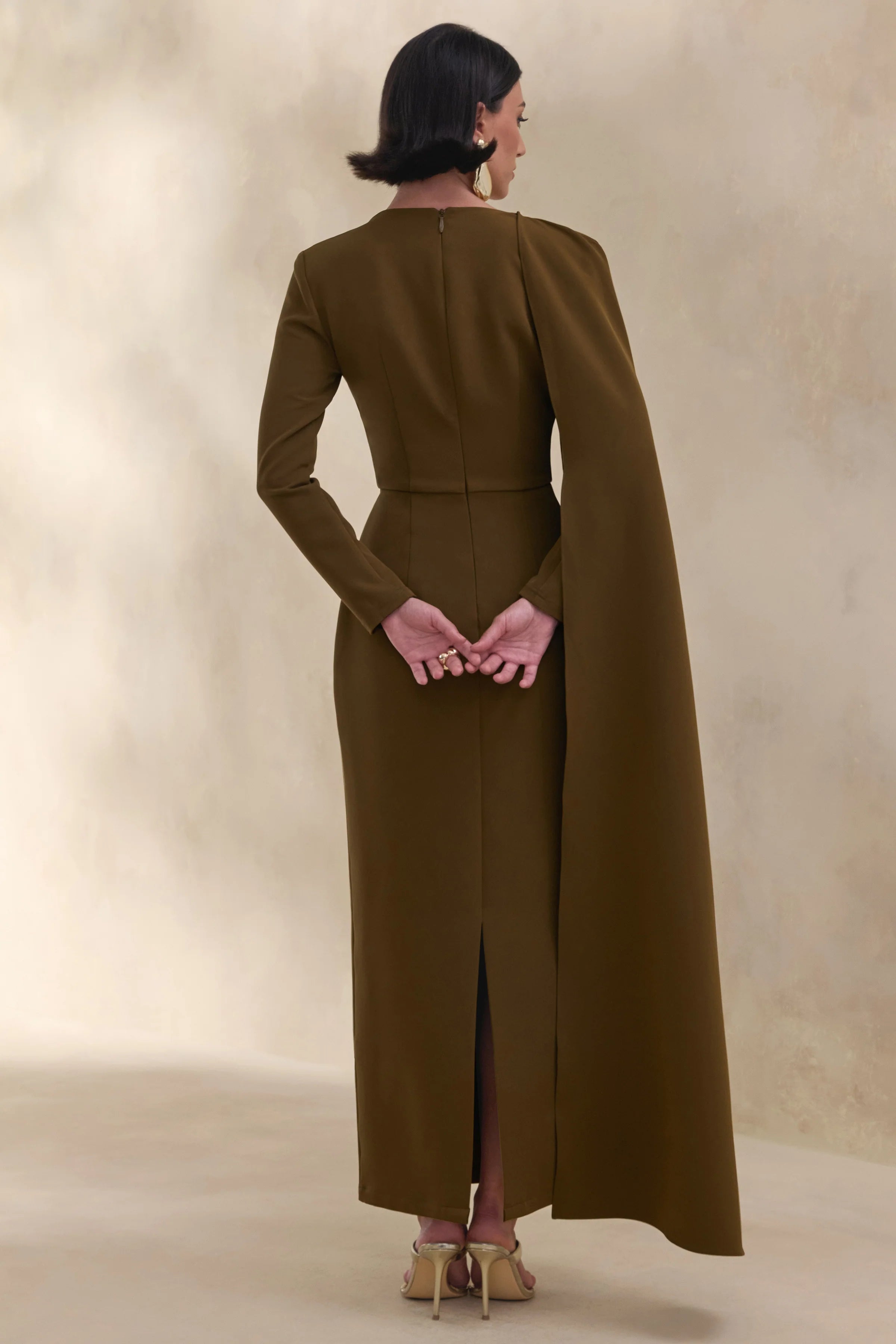 Jovea | Olive Round-Neck Maxi Dress With Cape-Sleeve