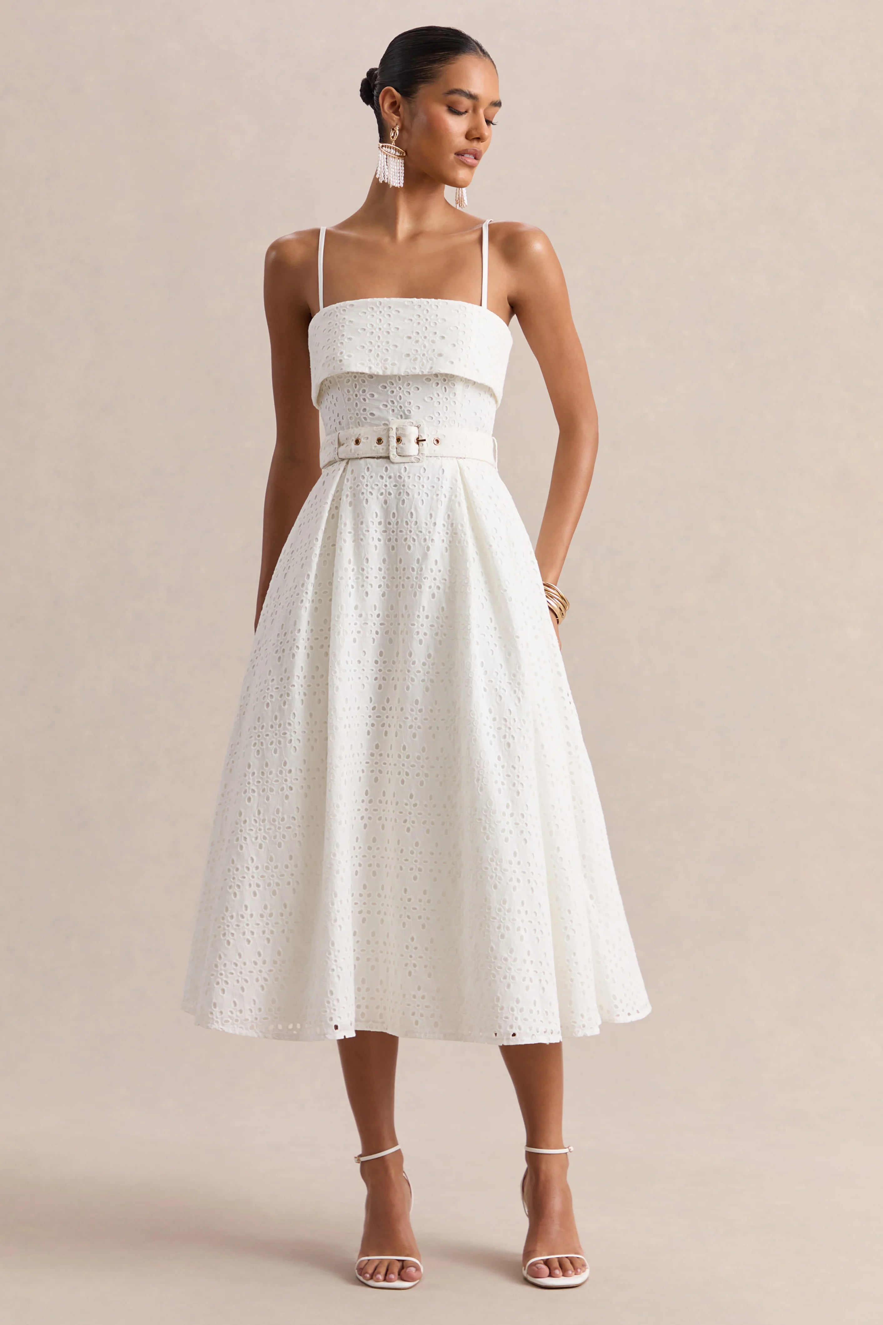 Zoeva | Cream Broderie Square-Neck Belted Midi Dress
