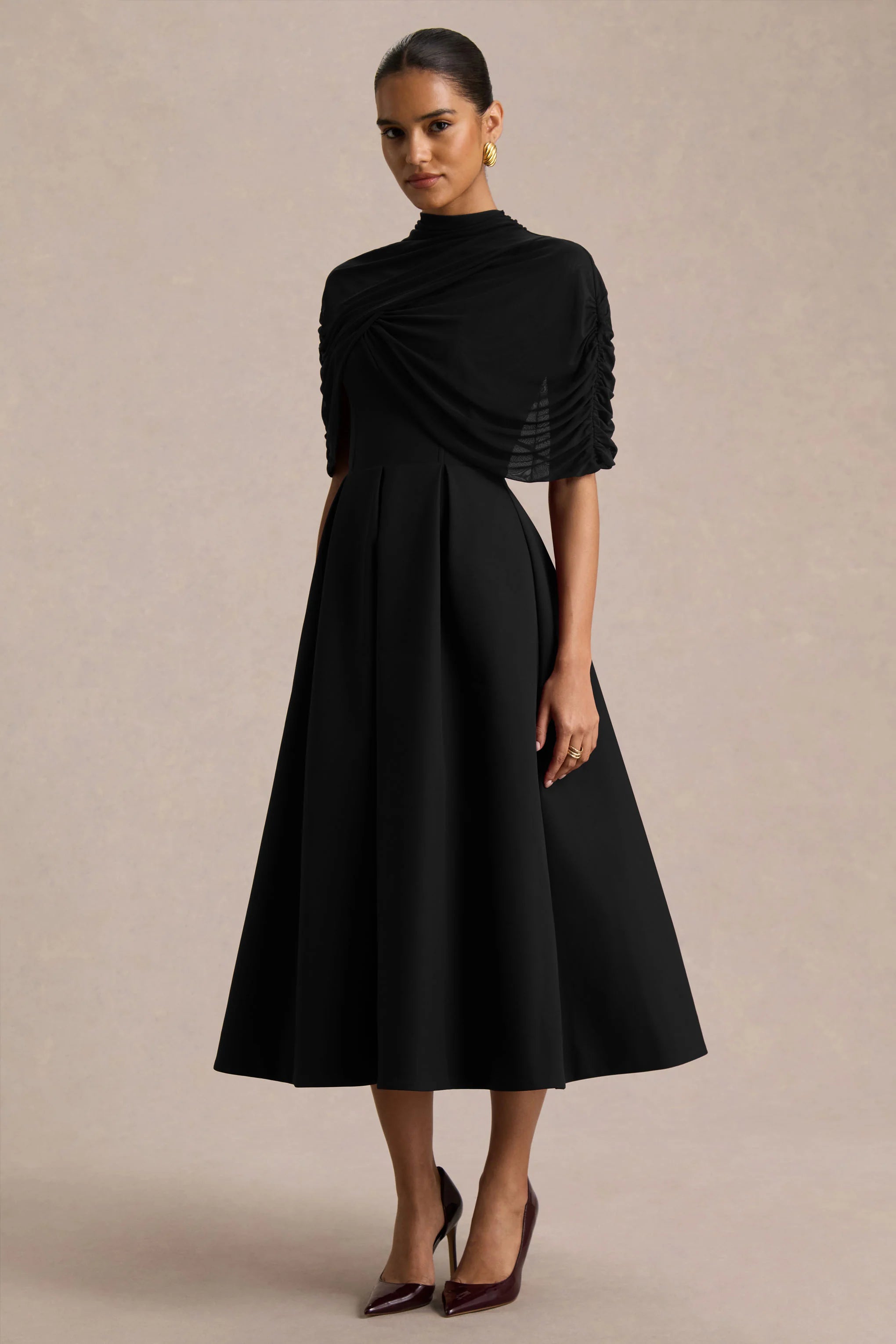 Thalia | Black High-Neck Midi Dress With Sheer Mesh Cape