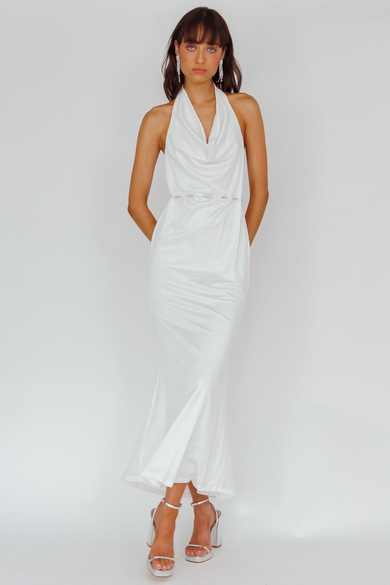 Emmi Cowl Neck Diamante Rope Dress White
