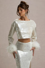 Solita | Sand Sequin Long-Sleeve Crop Top With Feather Trim