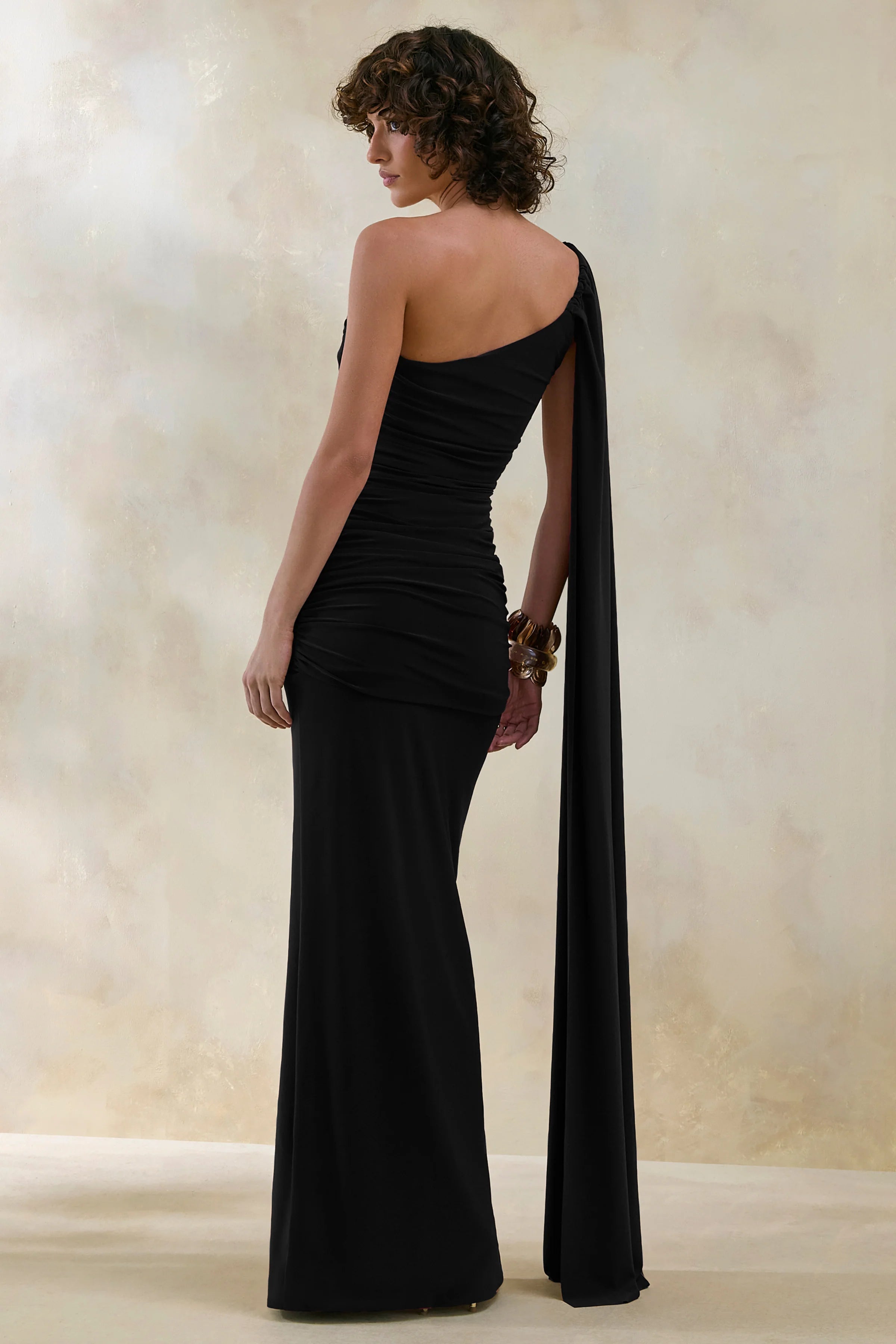 Bettine | Black Asymmetric-Neck Maxi Dress With Cape-Sleeve