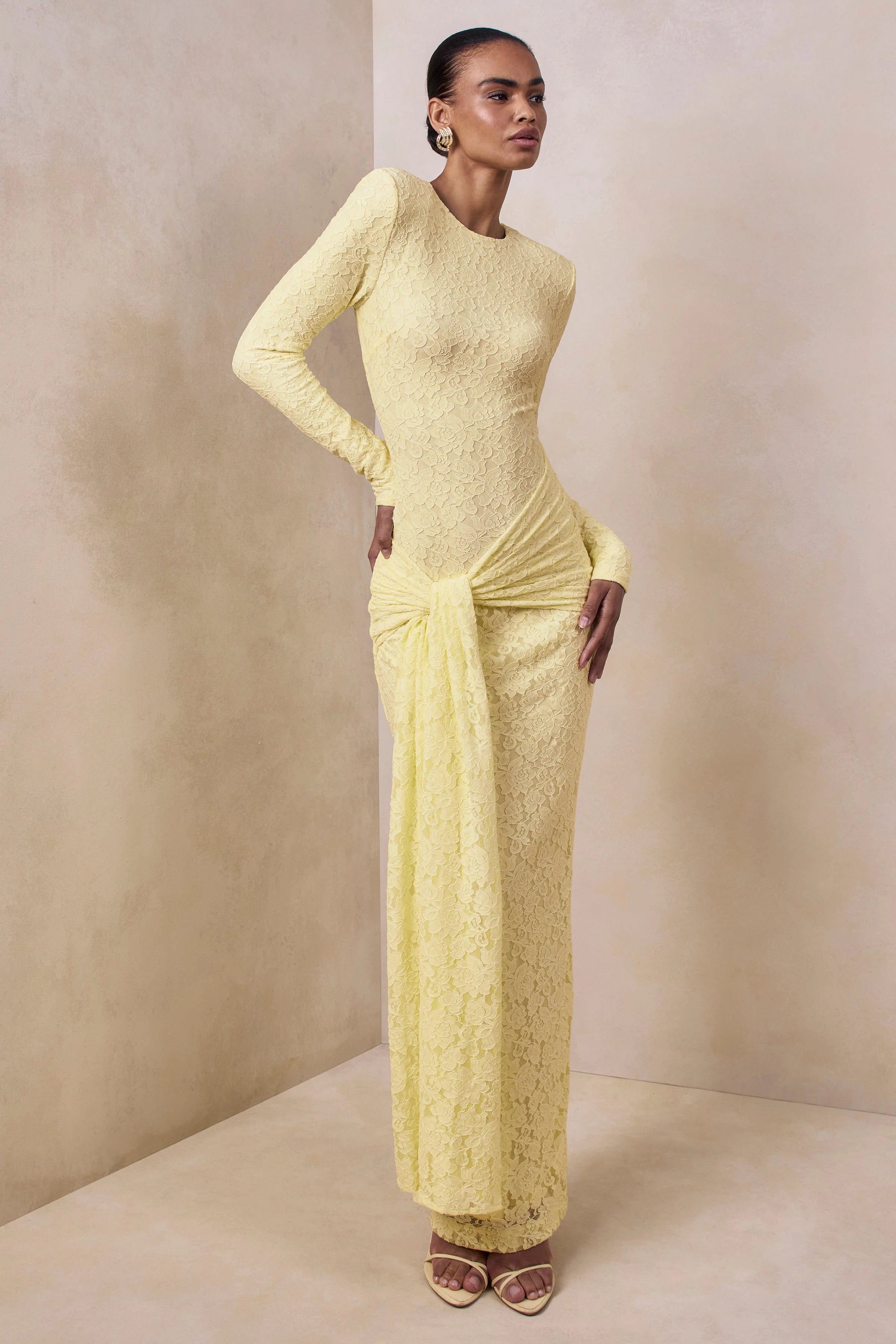Evangela | Lemon Lace Crew-Neck Maxi Dress With Wrap-Detail
