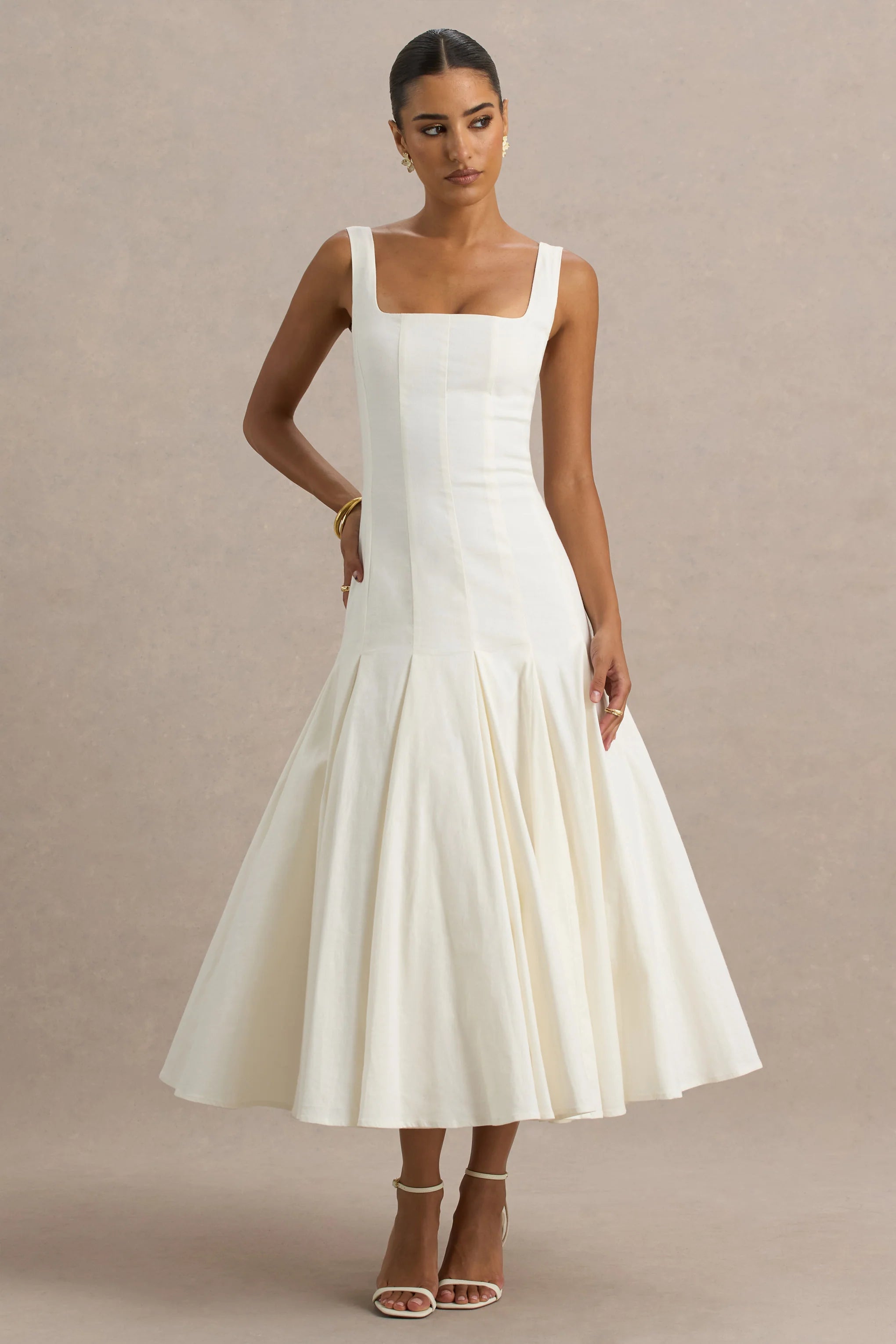 Magnolia | White Scoop-Neck Midi Dress With Drop-Waist And Ruffling Detail