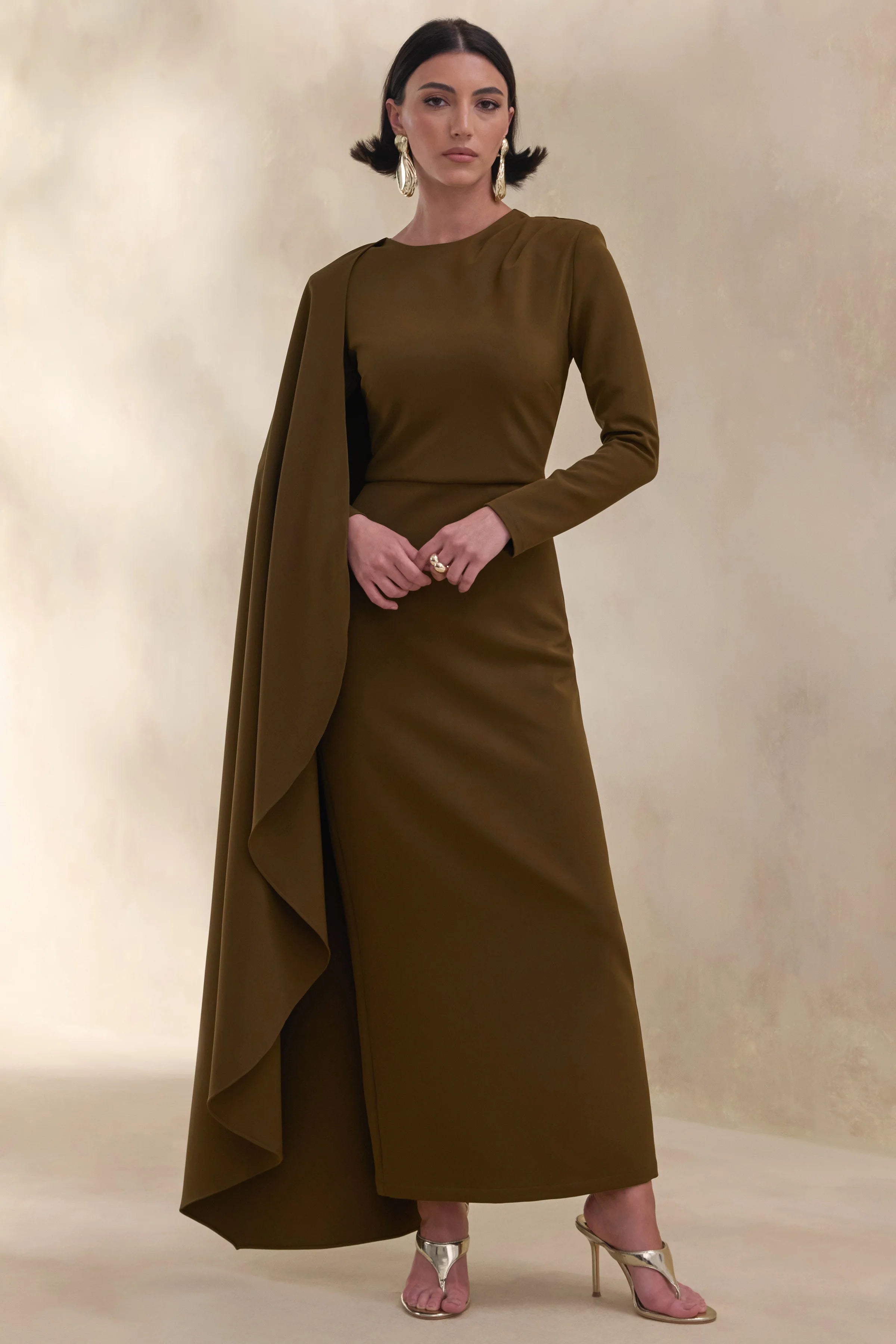 Jovea | Olive Round-Neck Maxi Dress With Cape-Sleeve