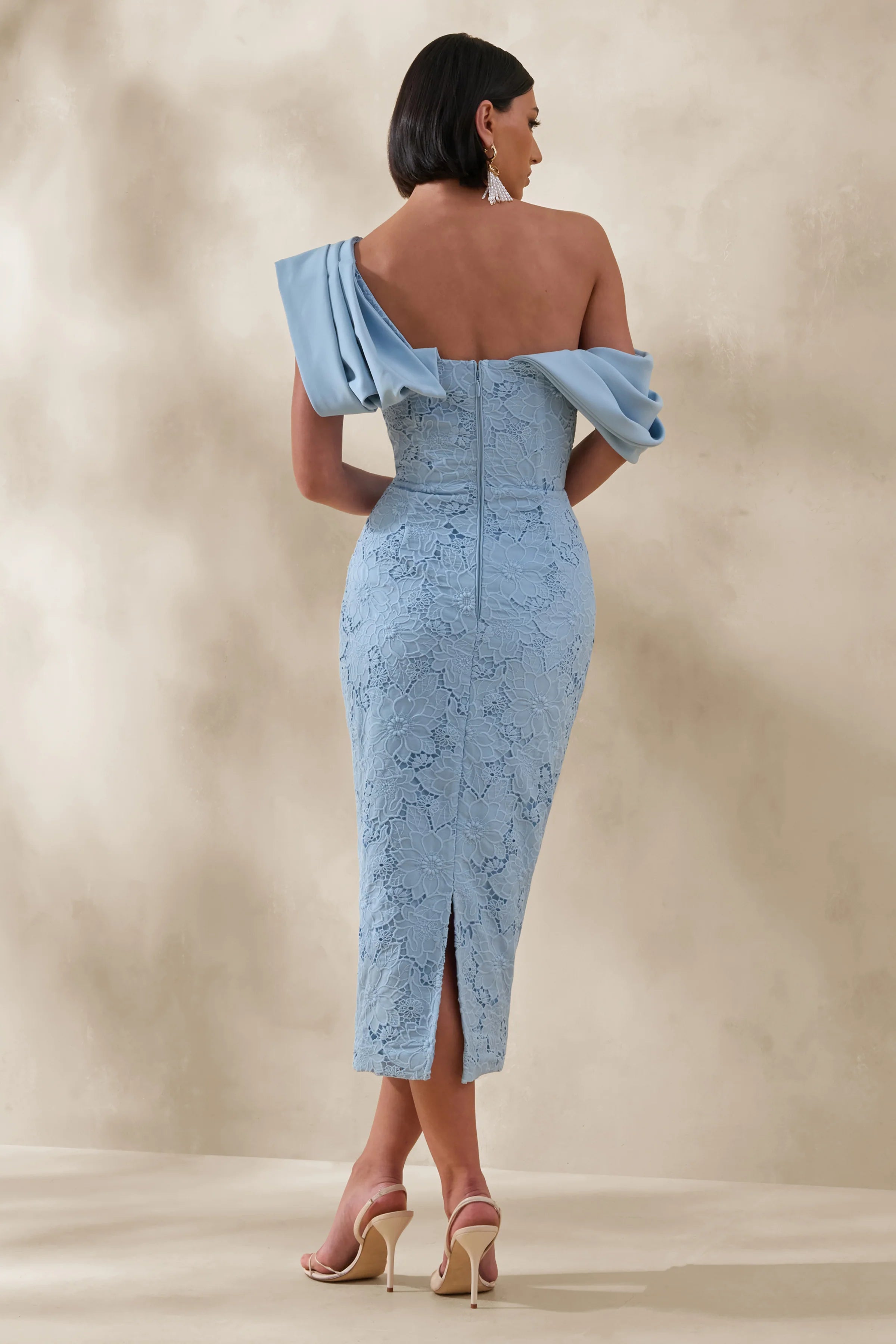 Loria | Powder Blue Lace Asymmetric-Neck Midi Dress With Draped Detailing