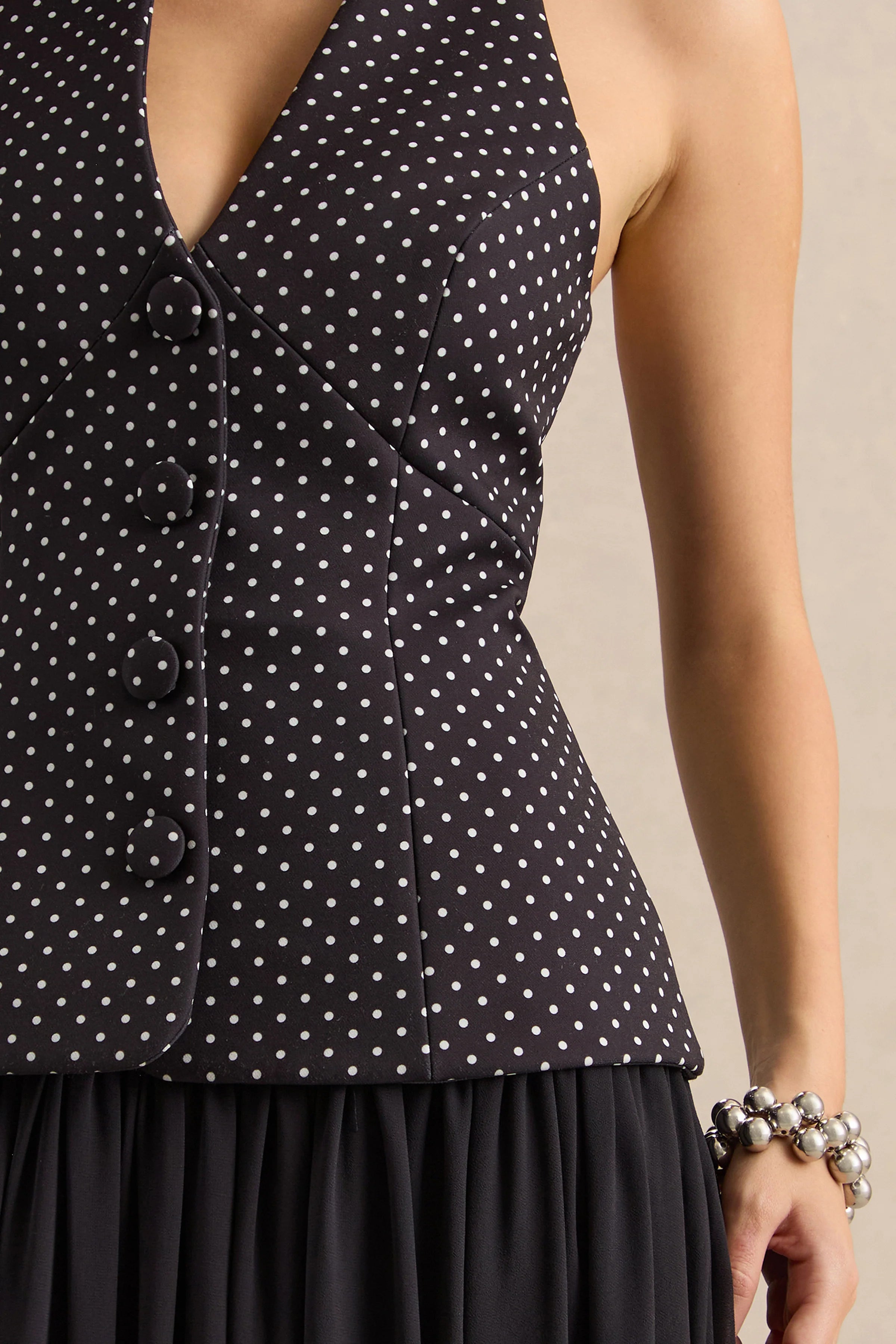 Zarina | Black & White Polka-Dot Plunge-Neck Maxi Dress