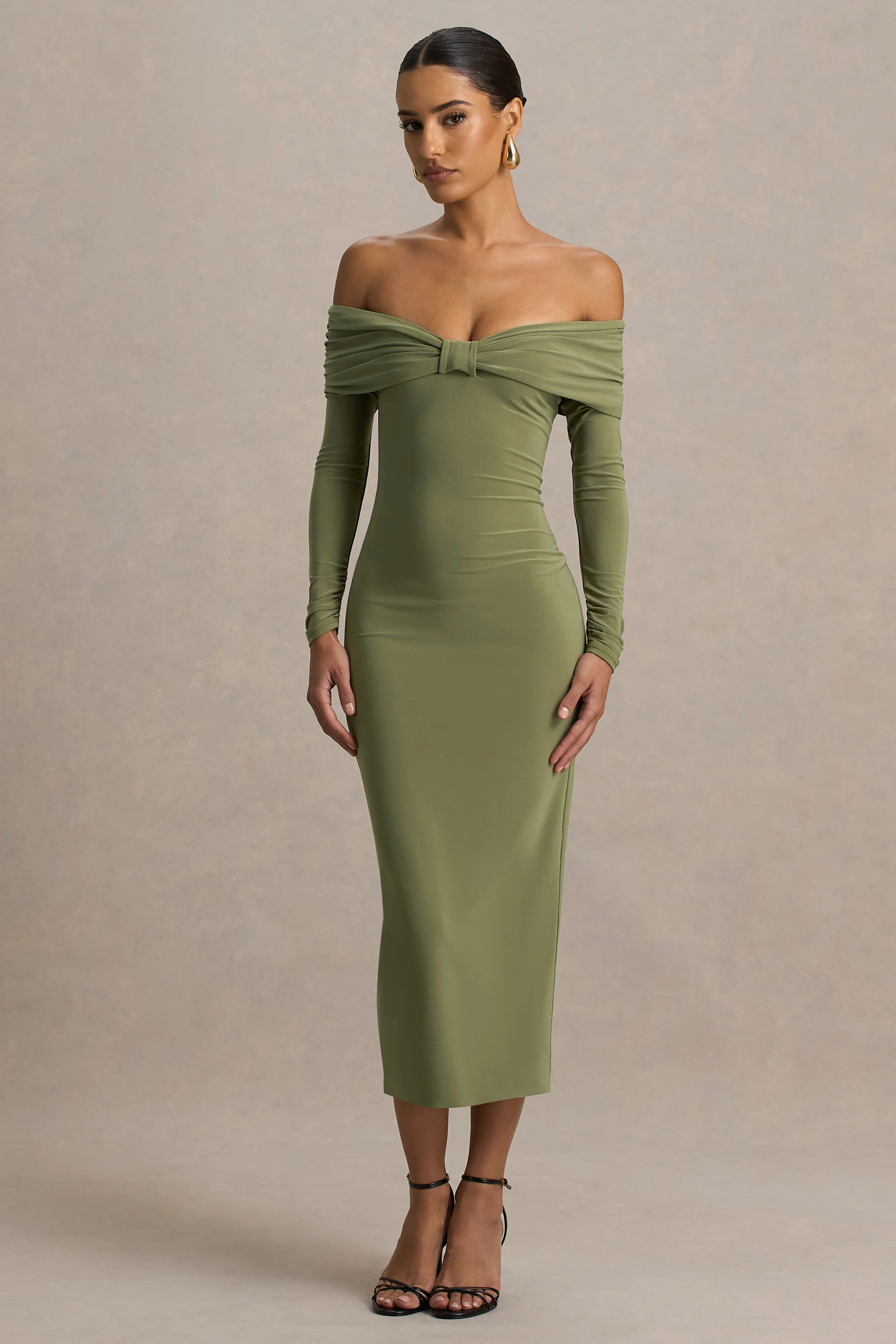 Spark | Olive Bardot-Neck Midi Dress With Bow Detail