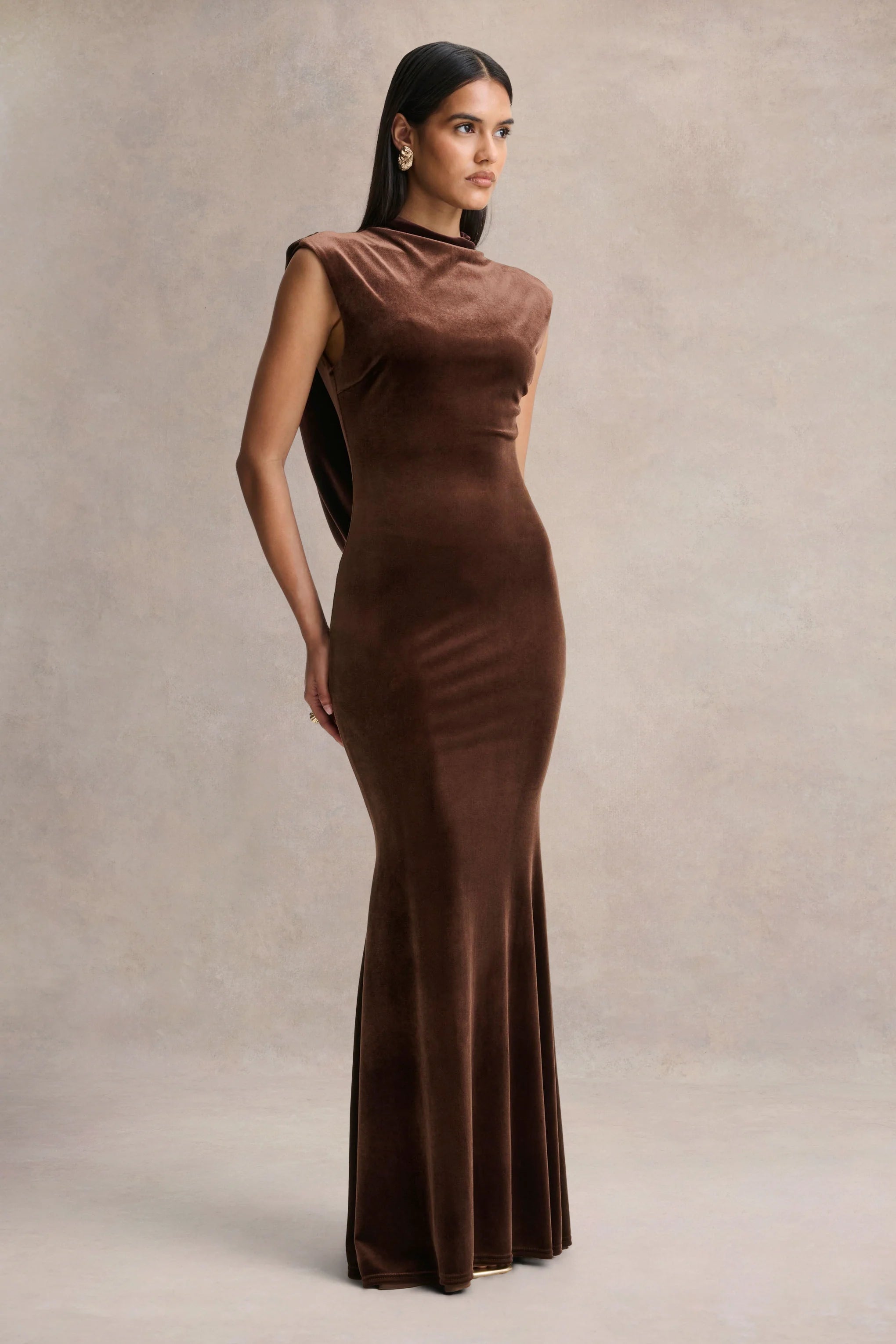 Malora | Brown Velvet High-Neck Maxi Dress With Open-Back