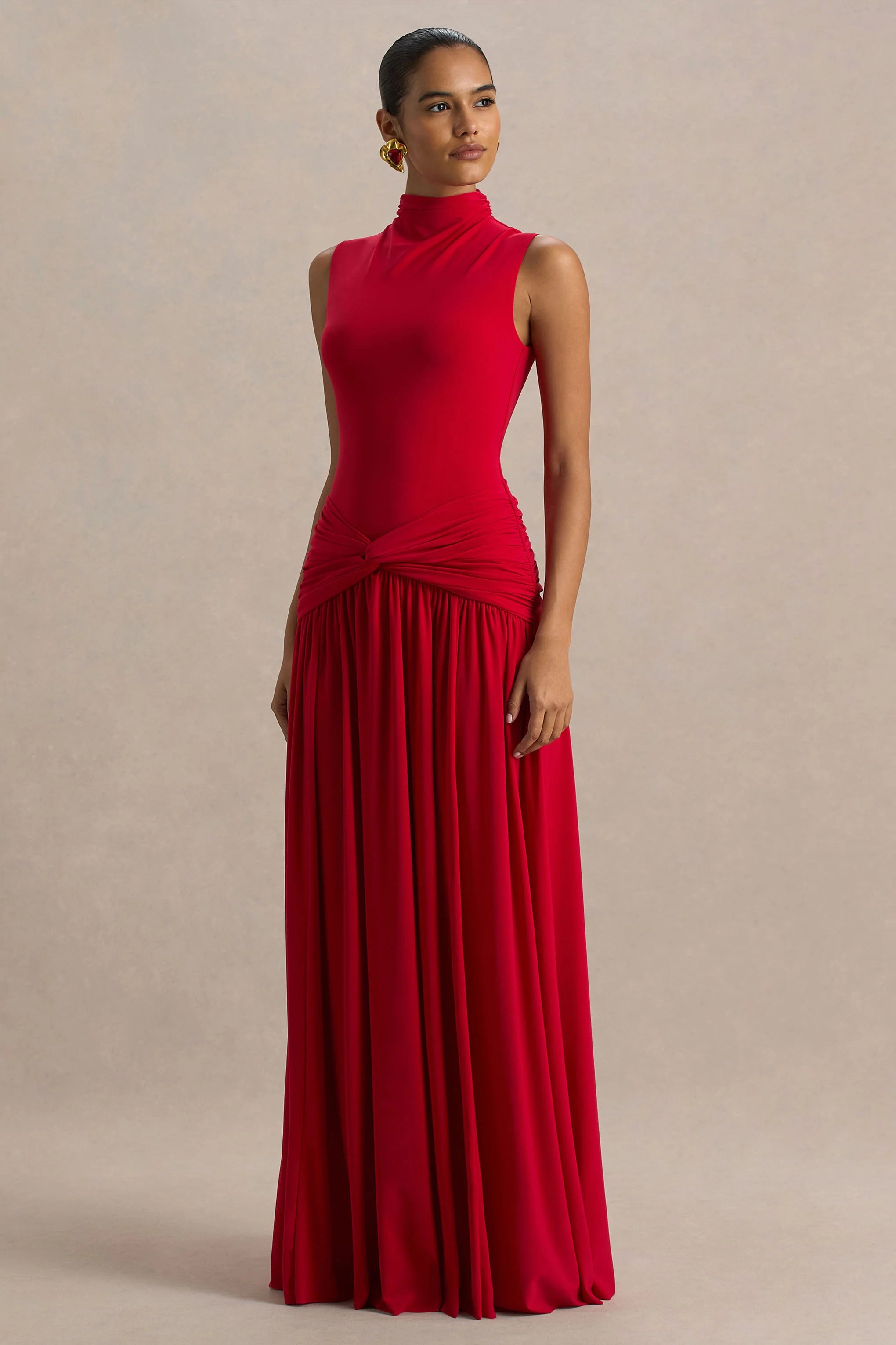 Cascade | Red High-Neck Maxi Dress With Twist Detail
