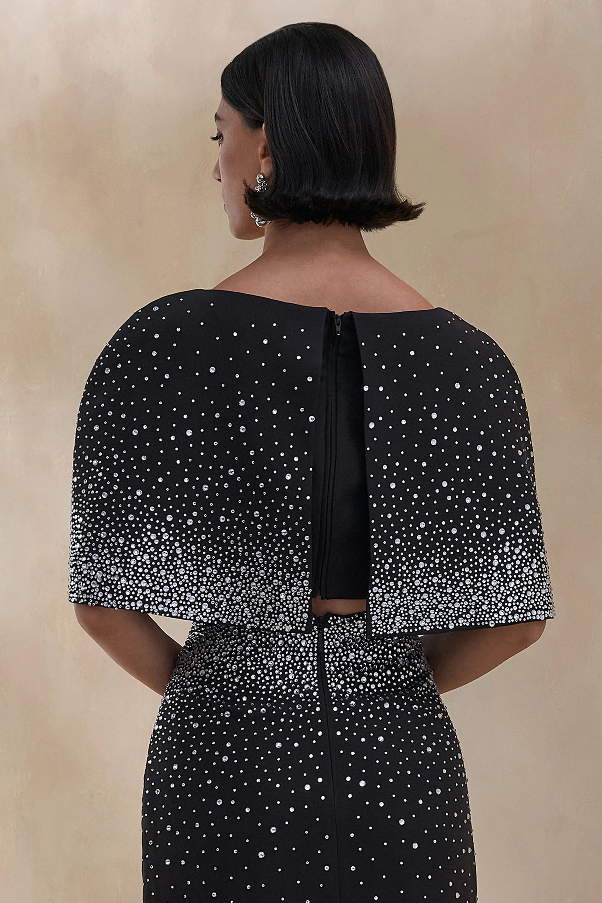 Luxy | Black Embellished Boat-Neck Crop-Top With Cape-Sleeves