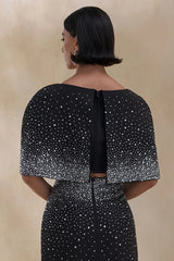 Luxy | Black Embellished Boat-Neck Crop-Top With Cape-Sleeves