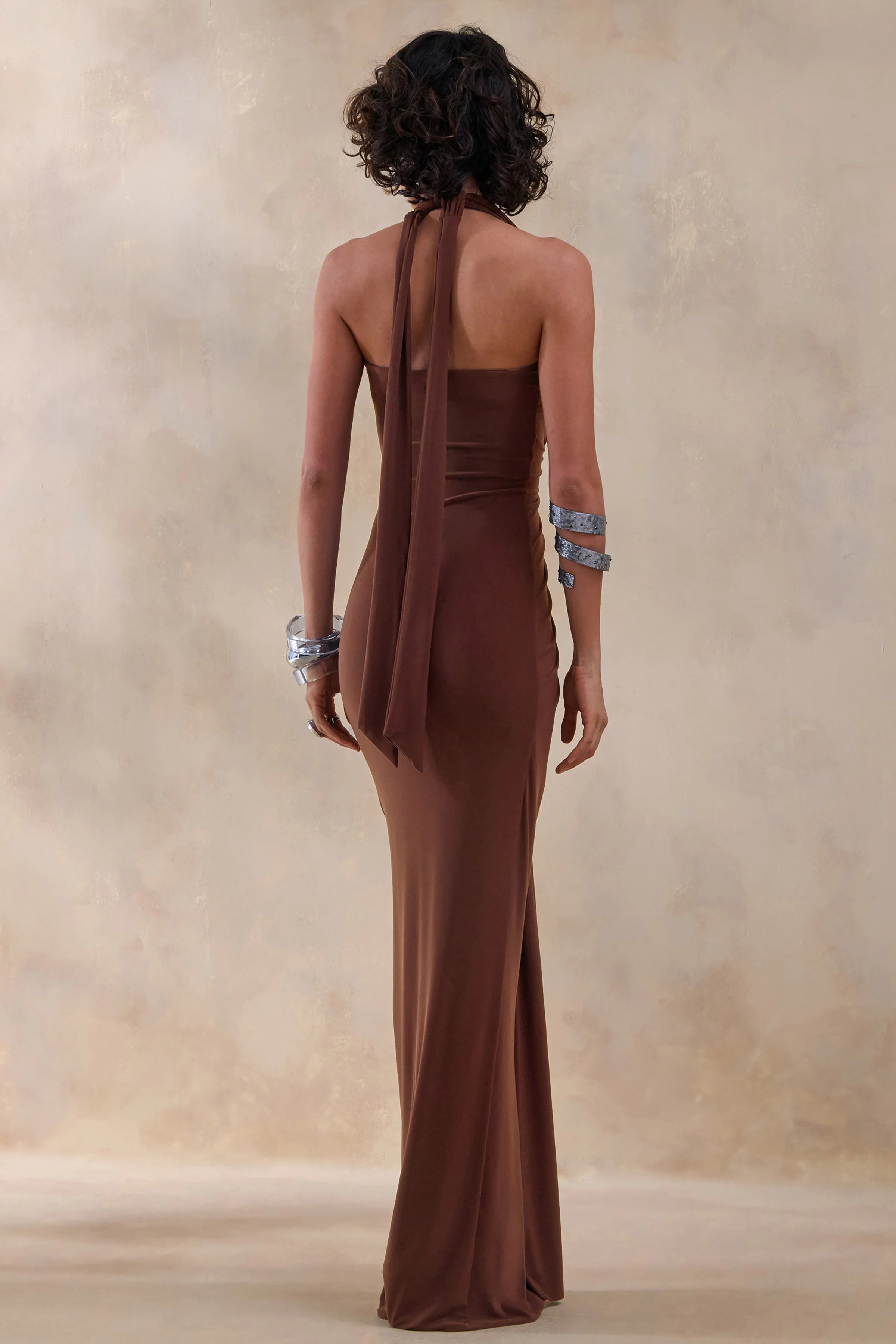 Lesley | Brown Plunge-Neck Maxi Dress
